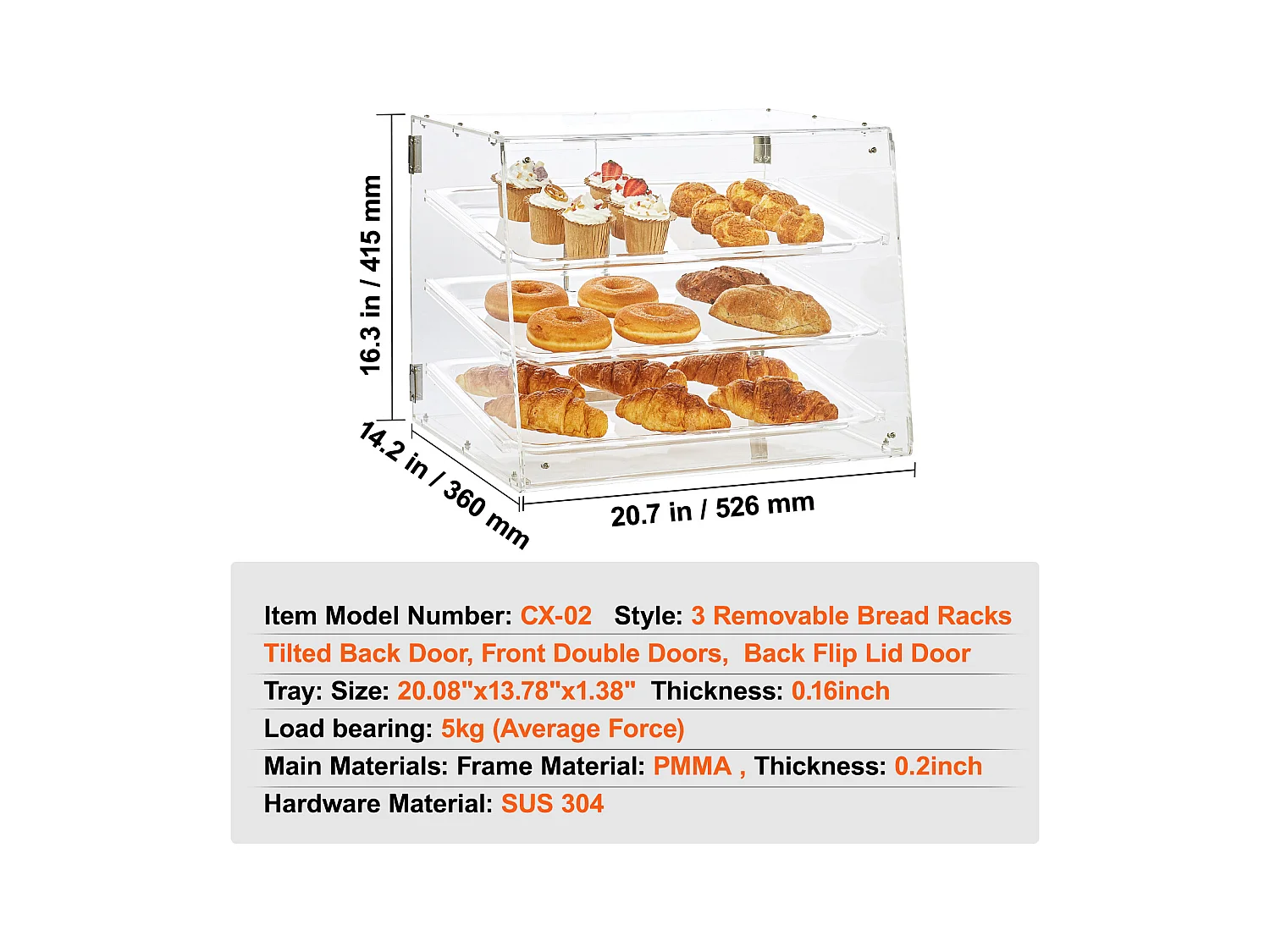 Vitrine SucceBuy de Boulangerie en Acrylique à 3 Niveaux, Vitrine de Comptoir pour Pâtisseries et Beignets, Porte Arrière
