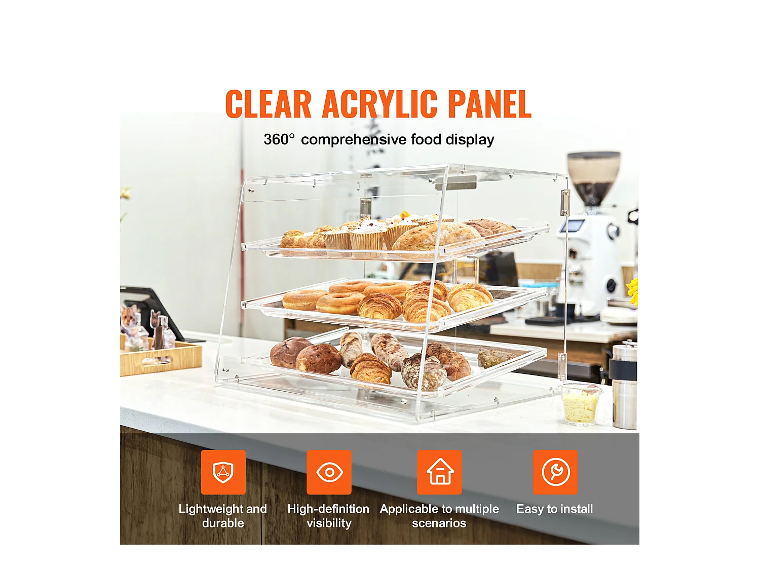 Vitrine SucceBuy de Boulangerie en Acrylique à 3 Niveaux, Vitrine de Comptoir pour Pâtisseries et Beignets, Porte Arrière