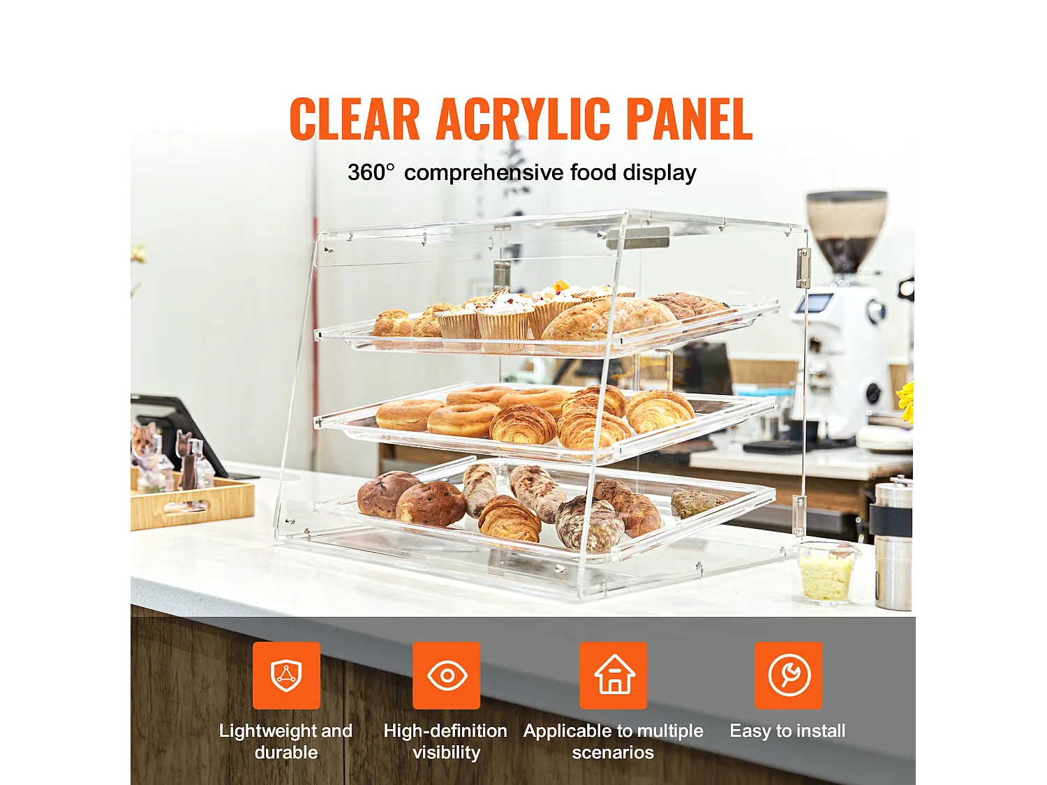 Vitrine SucceBuy de Boulangerie en Acrylique à 3 Niveaux, Vitrine de Comptoir pour Pâtisseries et Beignets, Porte Arrière