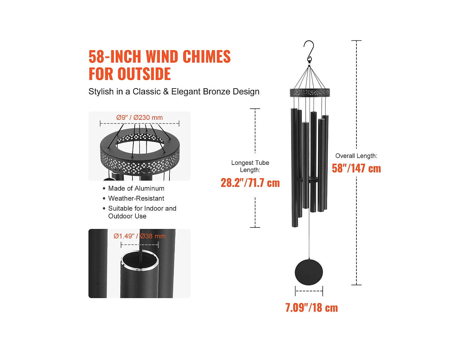 Carillon à Vent en Aluminium SucceBuy, 1473 mm, pour l'Extérieur, Design Commémoratif aux Tons Profonds