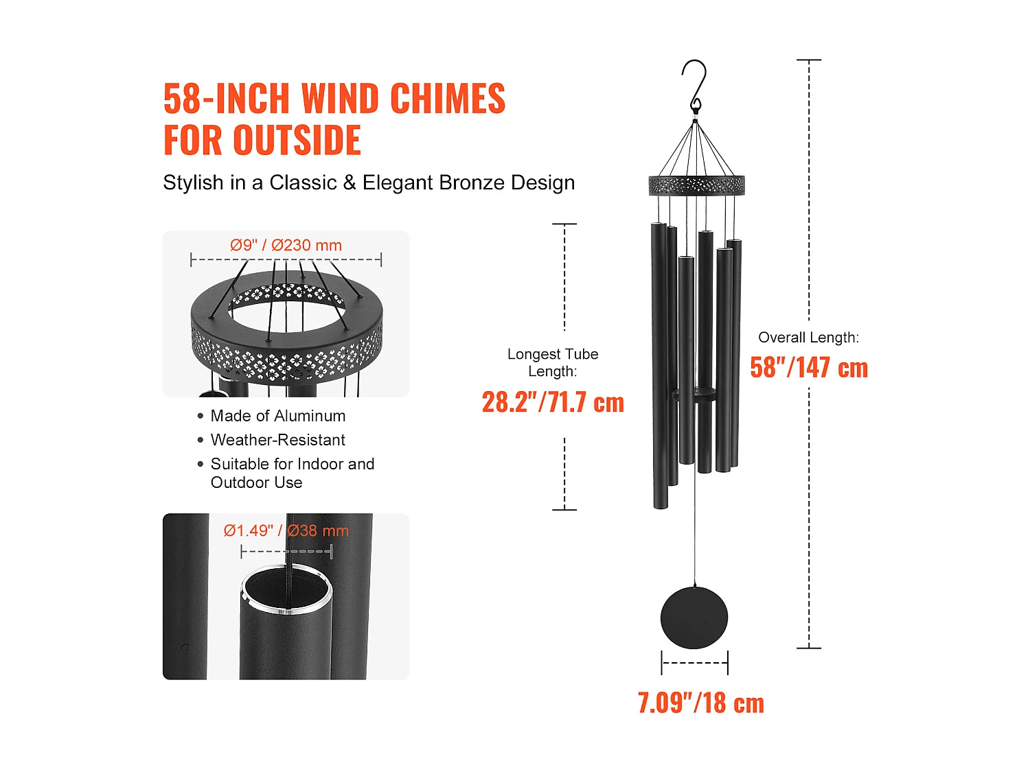 Carillon à Vent en Aluminium SucceBuy, 1473 mm, pour l'Extérieur, Design Commémoratif aux Tons Profonds