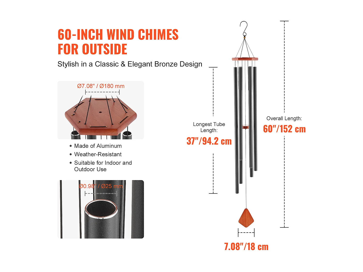 Aluminiowy Dzwonek Wiatrowy SucceBuy, 1524 mm, do użytku na zewnątrz, Pamiątkowy Wzór w Głębokich Odcieniach