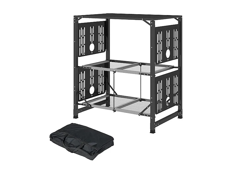 Table de cuisine de camping pliante, acier et aluminium, sac de transport, 2 tablettes , 2 étagères et porte-gobelets