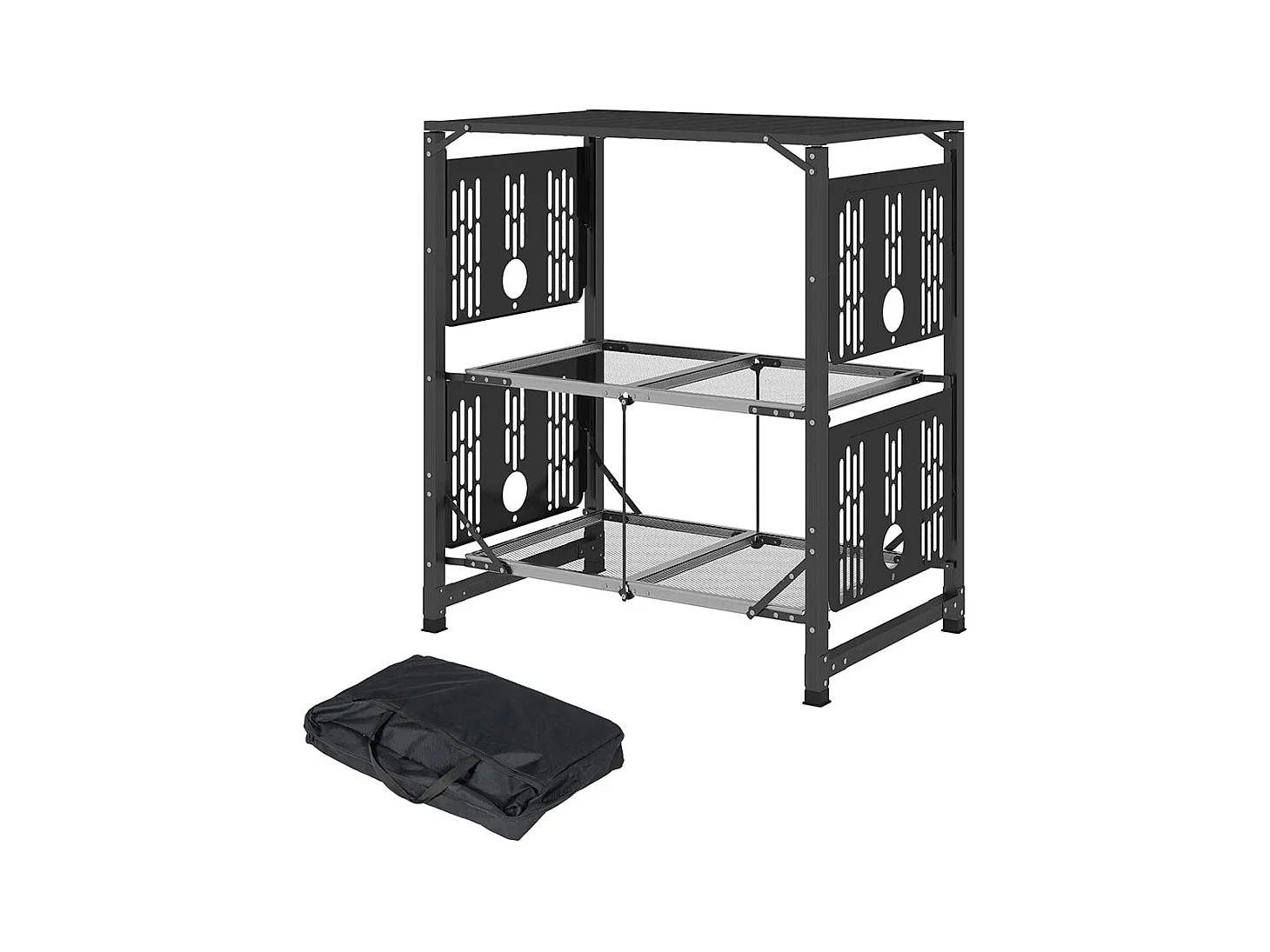 Table de cuisine de camping pliante, acier et aluminium, sac de transport, 2 tablettes , 2 étagères et porte-gobelets