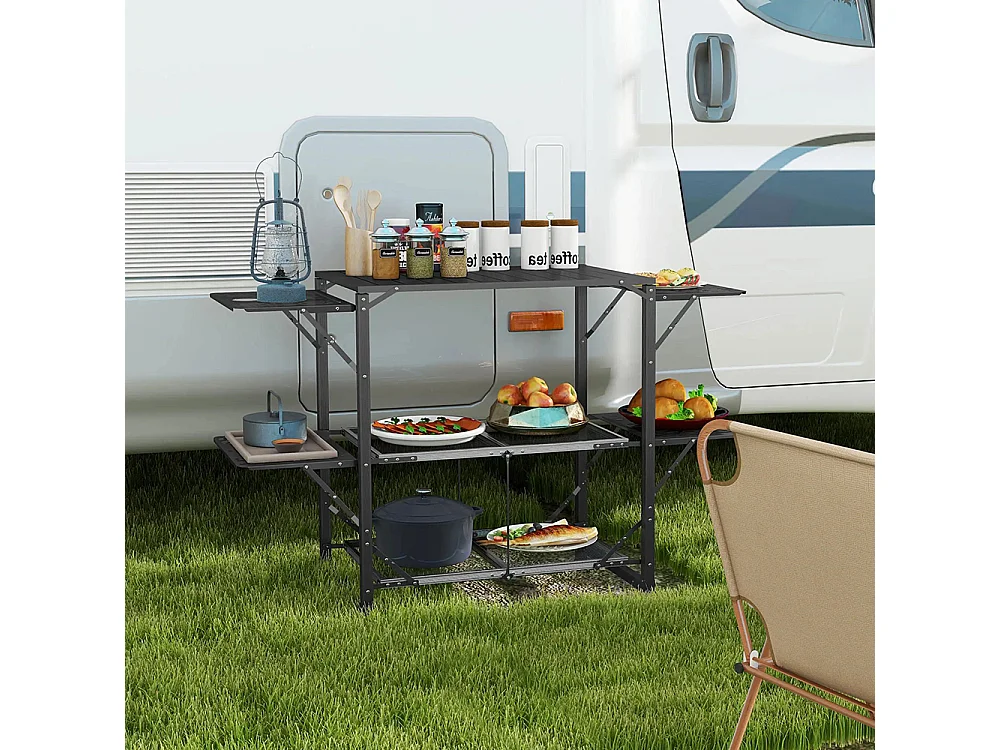 Table de cuisine de camping pliante, acier et aluminium, sac de transport, 2 tablettes , 2 étagères et porte-gobelets