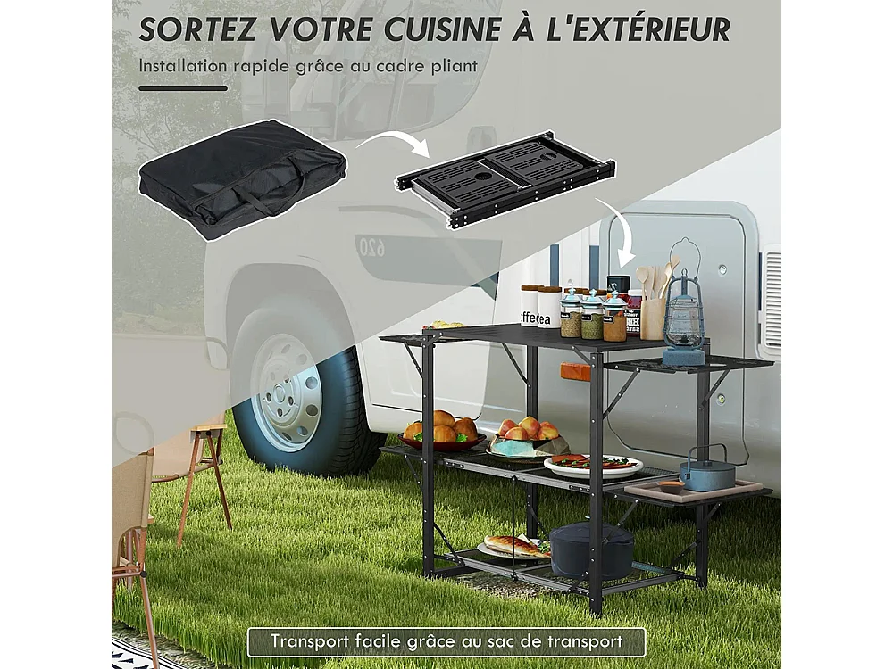 Table de cuisine de camping pliante, acier et aluminium, sac de transport, 2 tablettes , 2 étagères et porte-gobelets