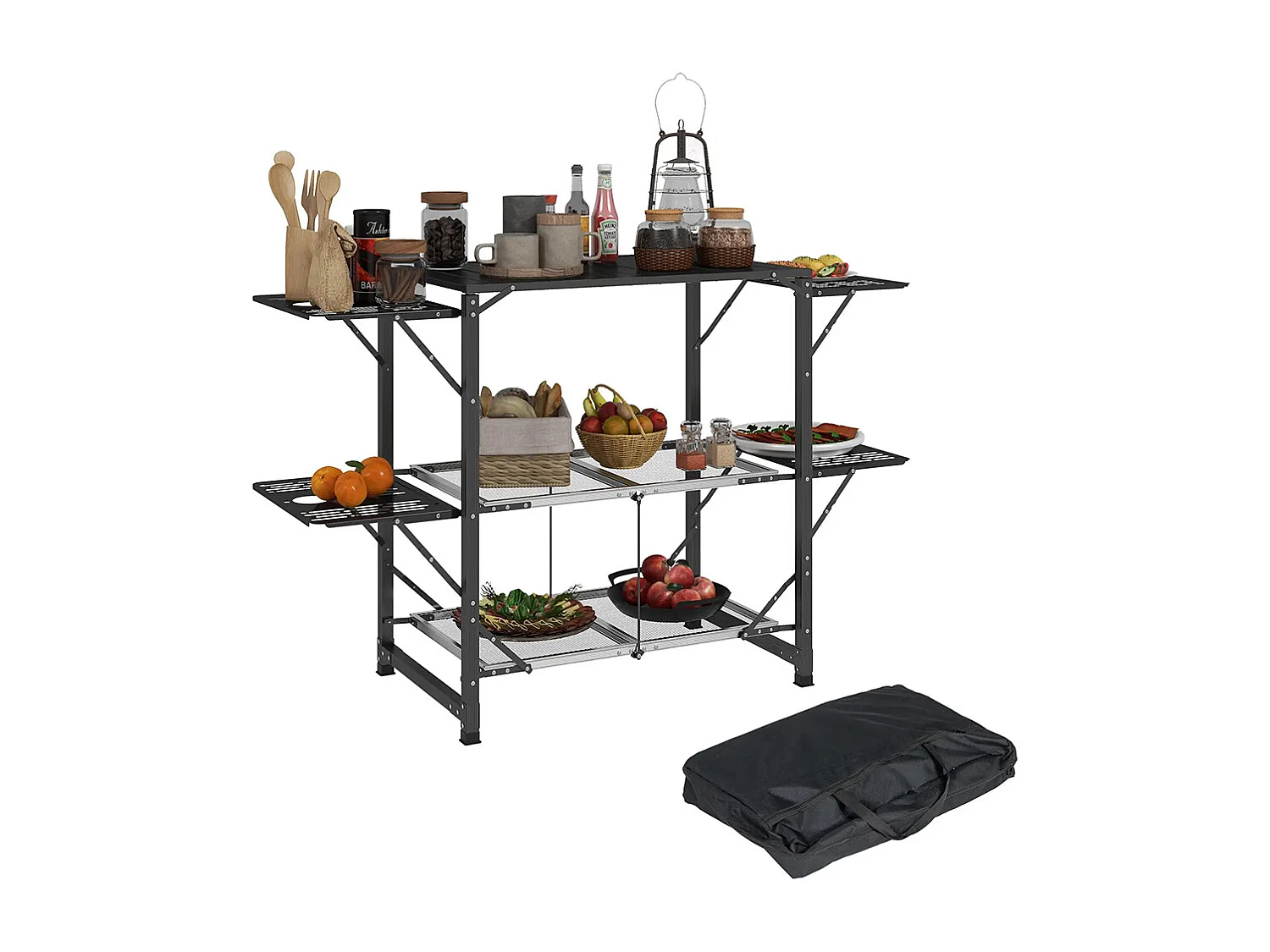 Table de cuisine de camping pliante, acier et aluminium, sac de transport, 2 tablettes , 2 étagères et porte-gobelets