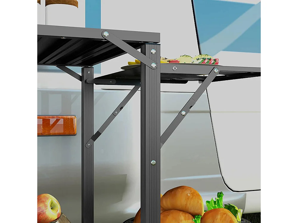 Table de cuisine de camping pliante, acier et aluminium, sac de transport, 2 tablettes , 2 étagères et porte-gobelets