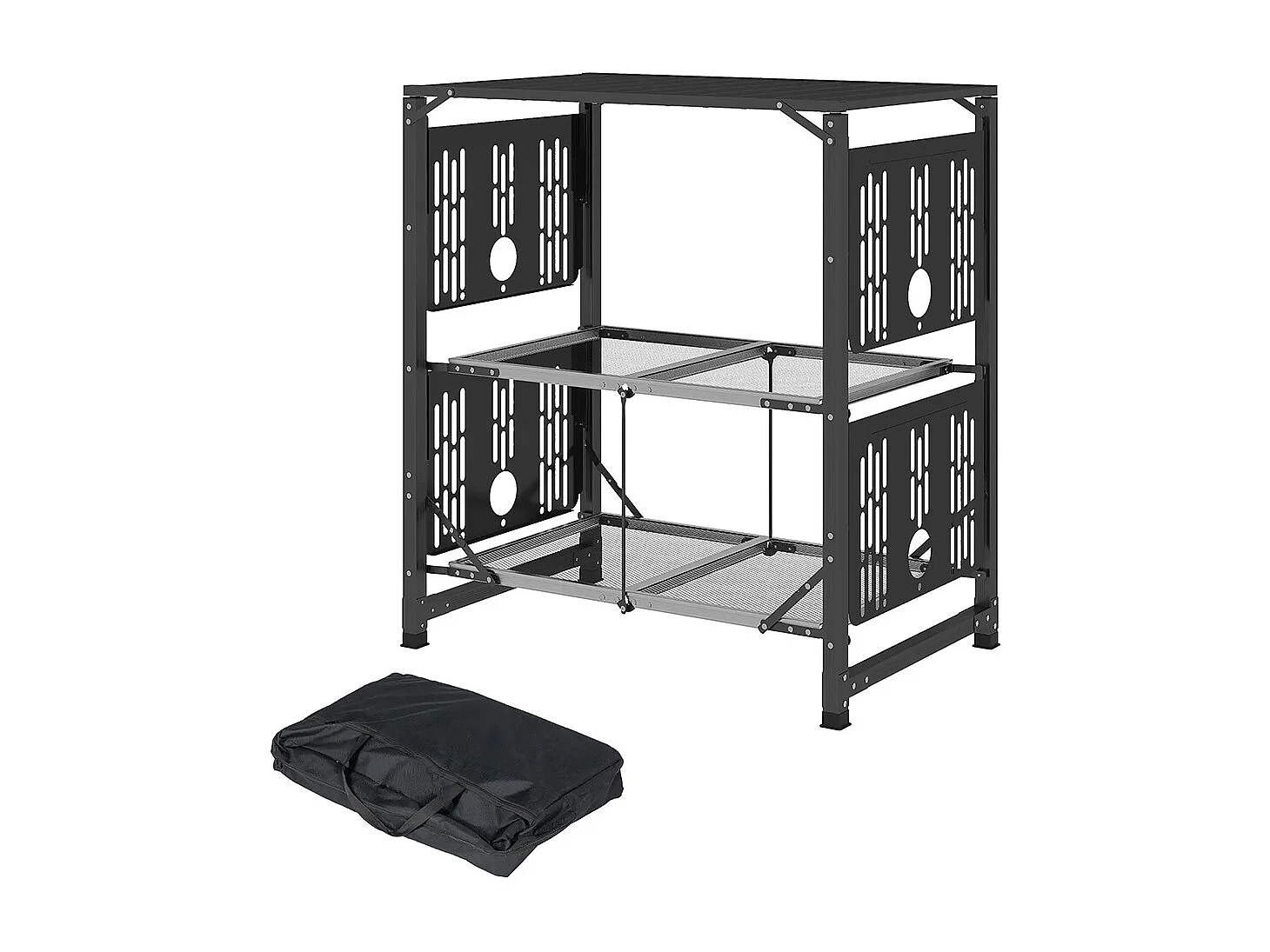 Table de cuisine de camping pliante, acier et aluminium, sac de transport, 2 tablettes , 2 étagères et porte-gobelets