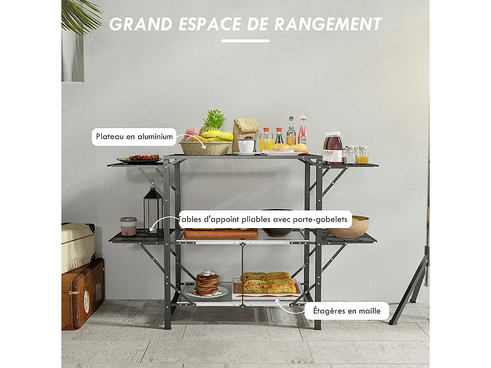 Table de cuisine de camping pliante, acier et aluminium, sac de transport, 2 tablettes , 2 étagères et porte-gobelets
