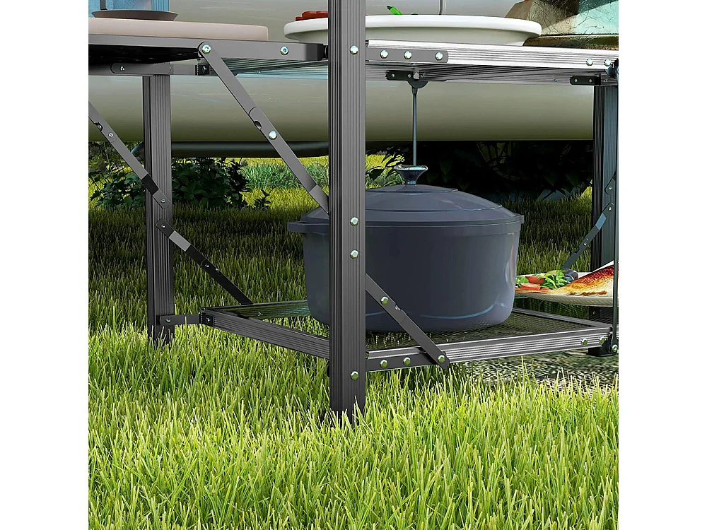 Table de cuisine de camping pliante, acier et aluminium, sac de transport, 2 tablettes , 2 étagères et porte-gobelets