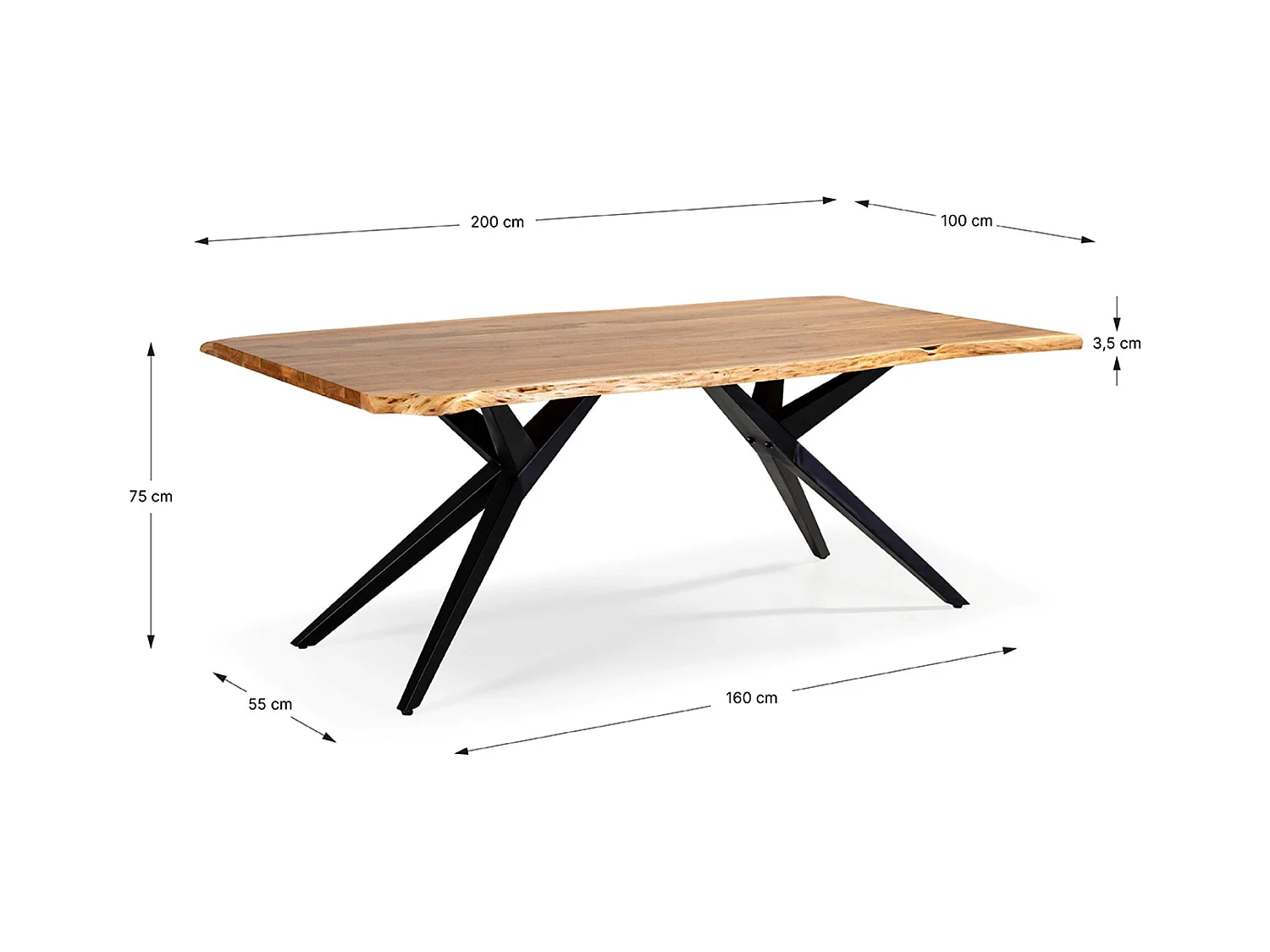 Table à manger, table de repas rectangulaire en acacia coloris naturel, pieds en métal noir - Longueur 200 x Profondeur 100 x Hauteur 76 cm