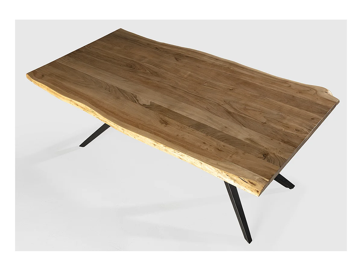 Table à manger, table de repas rectangulaire en acacia coloris naturel, pieds en métal noir - Longueur 200 x Profondeur 100 x Hauteur 76 cm