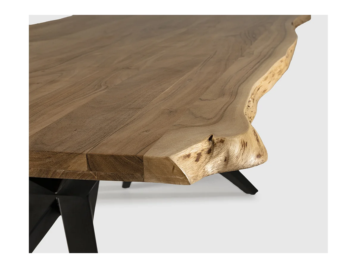 Table à manger, table de repas rectangulaire en acacia coloris naturel, pieds en métal noir - Longueur 200 x Profondeur 100 x Hauteur 76 cm