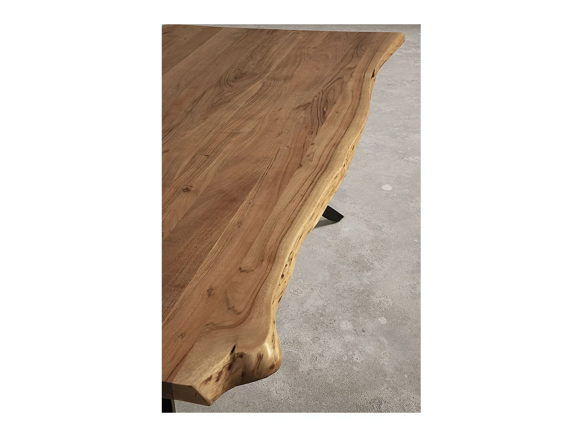 Table à manger, table de repas rectangulaire en acacia coloris naturel, pieds en métal noir - Longueur 200 x Profondeur 100 x Hauteur 76 cm