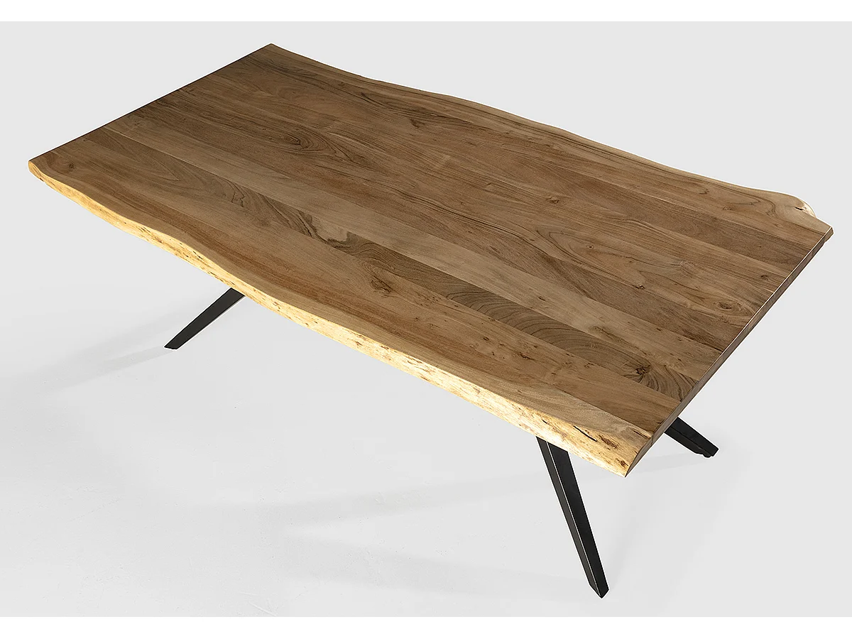 Table à manger, table de repas rectangulaire en acacia coloris naturel, pieds en métal noir - Longueur 200 x Profondeur 100 x Hauteur 76 cm