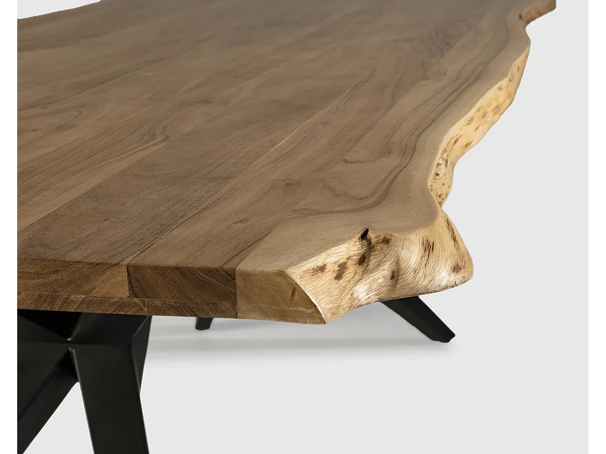 Table à manger, table de repas rectangulaire en acacia coloris naturel, pieds en métal noir - Longueur 200 x Profondeur 100 x Hauteur 76 cm