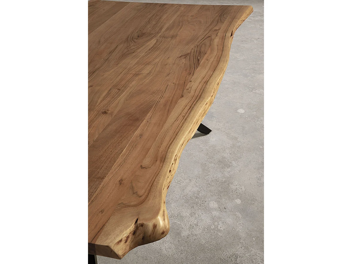 Table à manger, table de repas rectangulaire en acacia coloris naturel, pieds en métal noir - Longueur 200 x Profondeur 100 x Hauteur 76 cm
