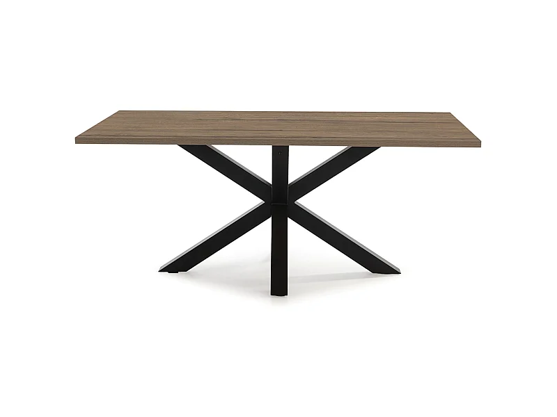 Table à manger, table de repas rectangulaire aspect bois coloris noyer avec pieds en métal noir  - Longueur 180 x Profondeur 100 x Hauteur 76 cm