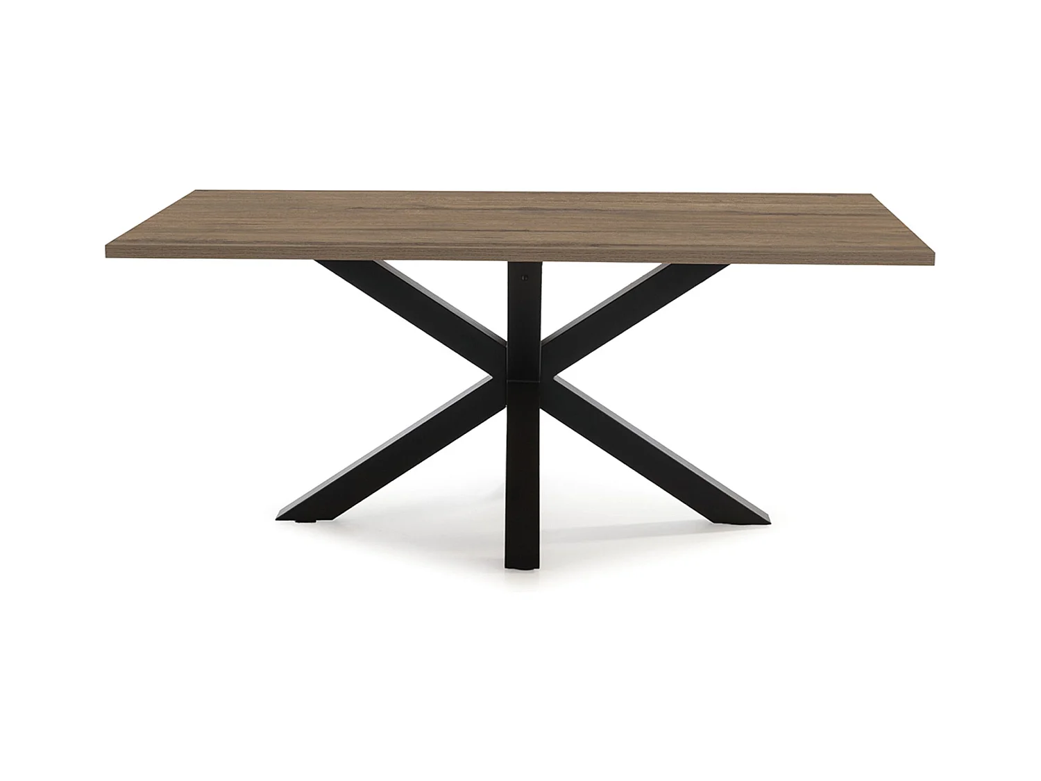 Table à manger, table de repas rectangulaire aspect bois coloris noyer avec pieds en métal noir  - Longueur 180 x Profondeur 100 x Hauteur 76 cm