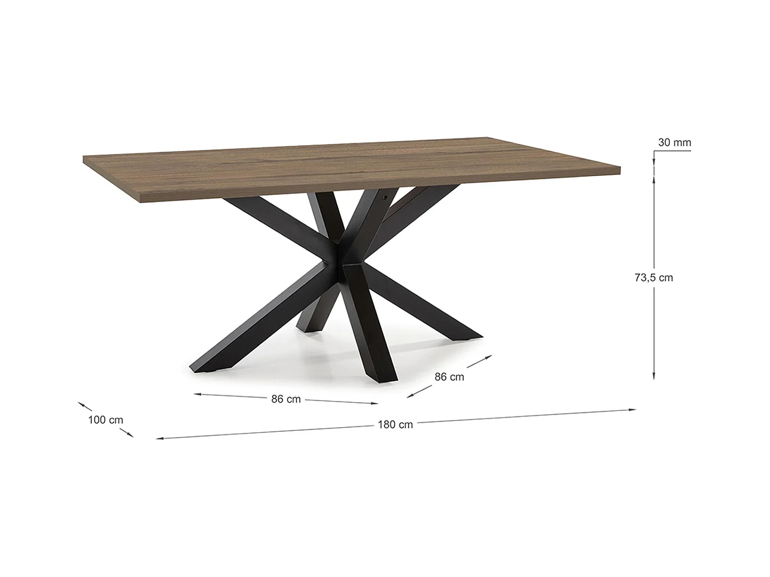 Table à manger, table de repas rectangulaire aspect bois coloris noyer avec pieds en métal noir  - Longueur 180 x Profondeur 100 x Hauteur 76 cm