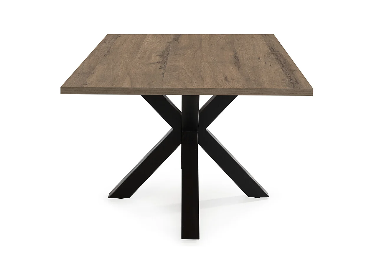Table à manger, table de repas rectangulaire aspect bois coloris noyer avec pieds en métal noir  - Longueur 180 x Profondeur 100 x Hauteur 76 cm