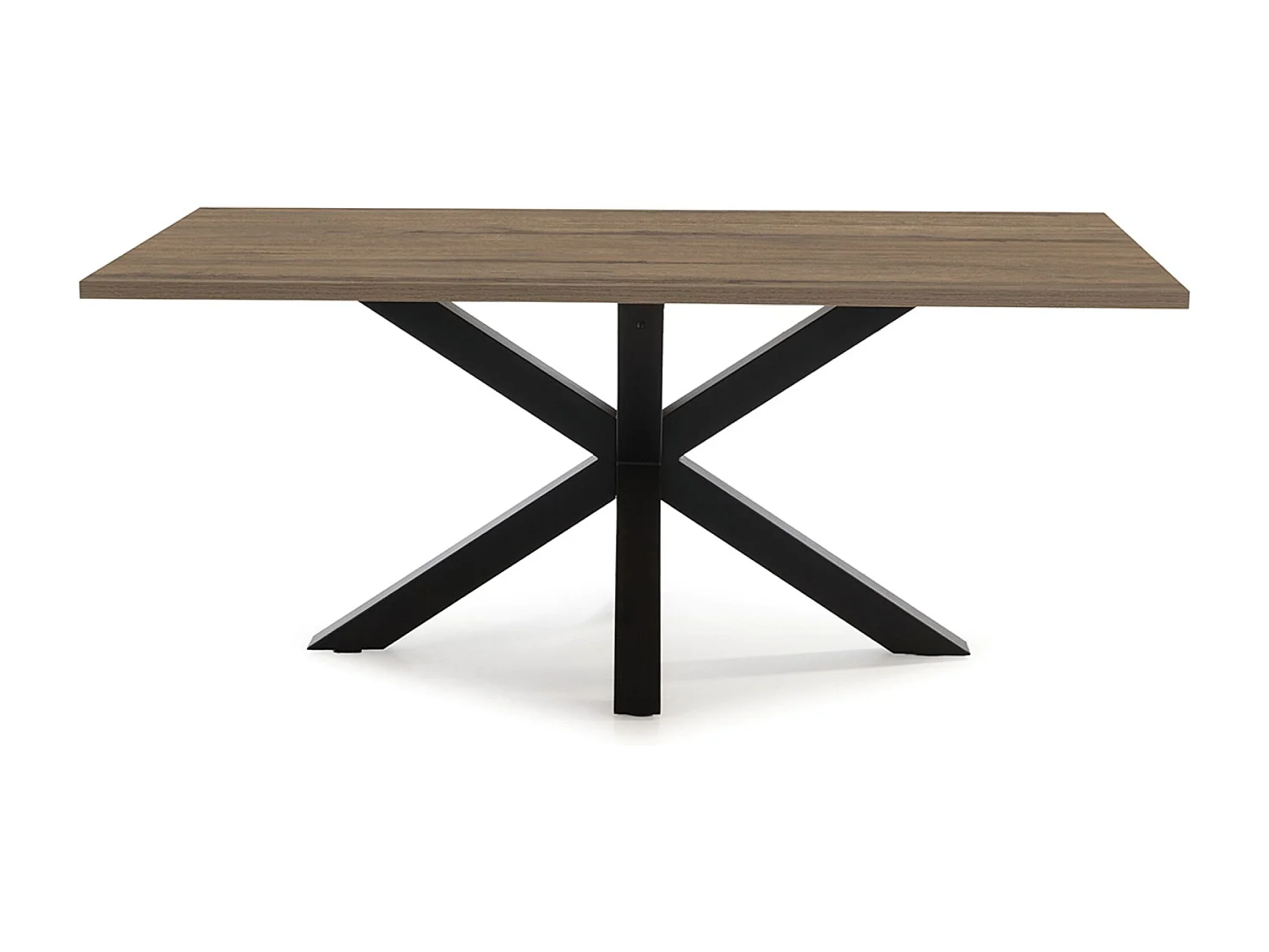 Table à manger, table de repas rectangulaire aspect bois coloris noyer avec pieds en métal noir  - Longueur 180 x Profondeur 100 x Hauteur 76 cm