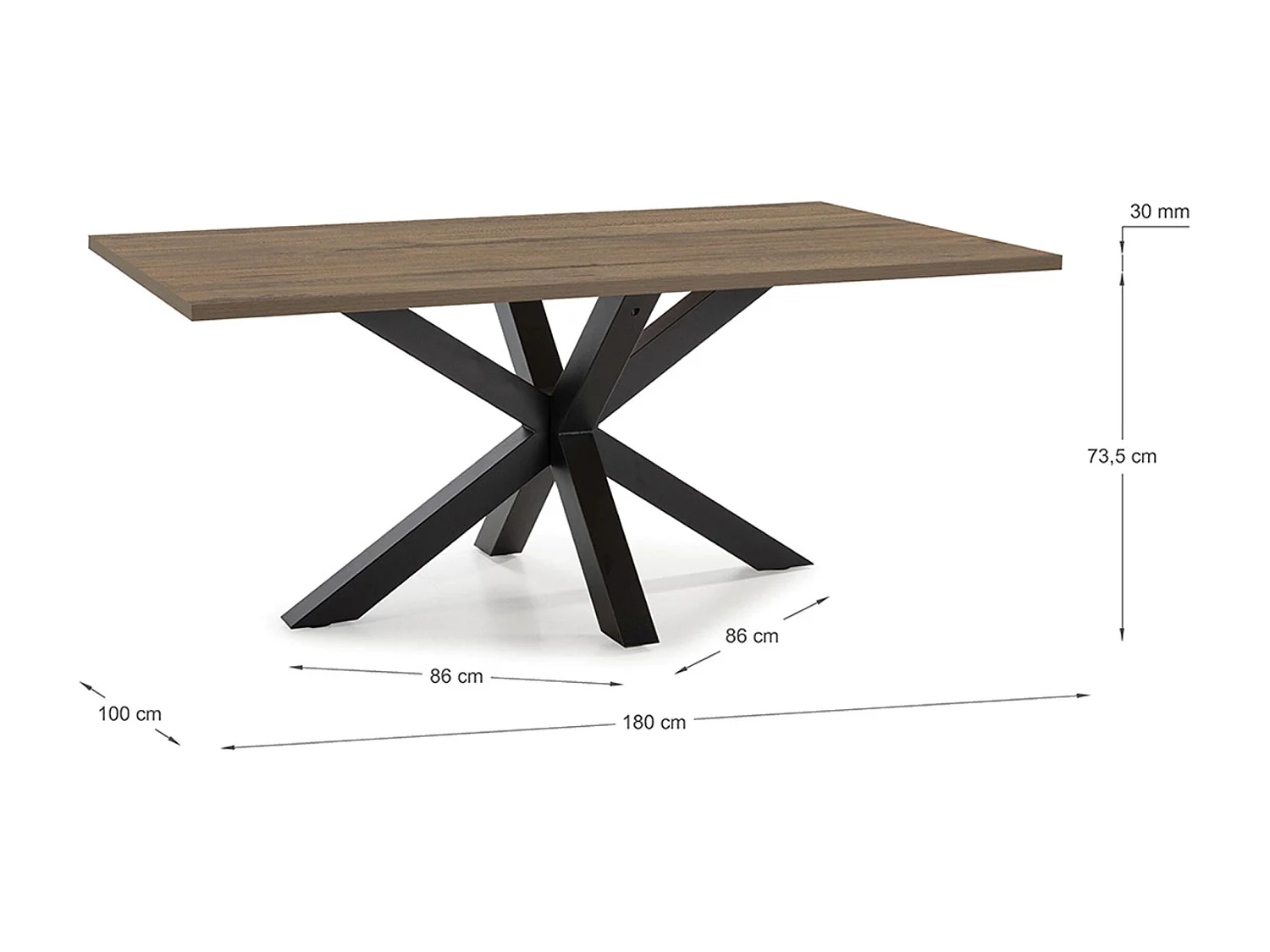 Table à manger, table de repas rectangulaire aspect bois coloris noyer avec pieds en métal noir  - Longueur 180 x Profondeur 100 x Hauteur 76 cm