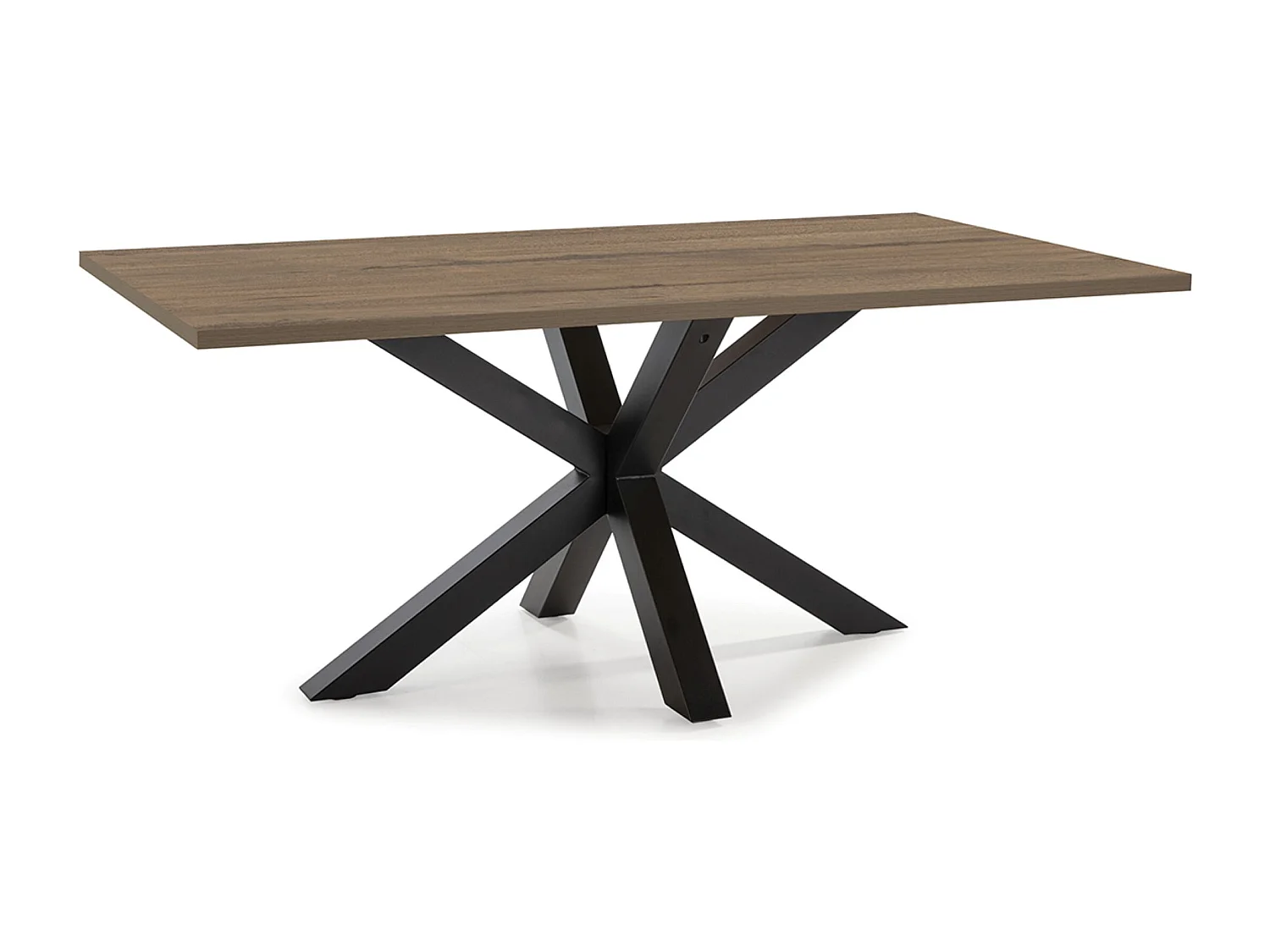 Table à manger, table de repas rectangulaire aspect bois coloris noyer avec pieds en métal noir  - Longueur 180 x Profondeur 100 x Hauteur 76 cm