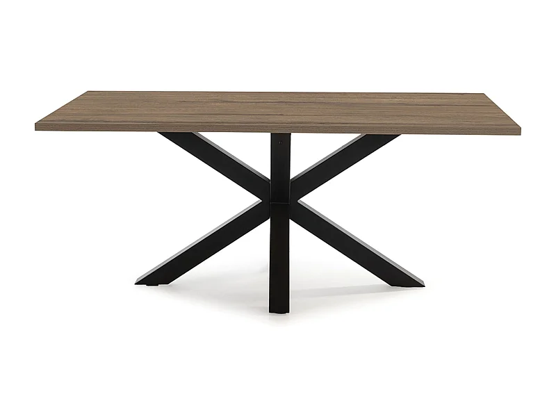Table à manger, table de repas rectangulaire aspect bois coloris noyer avec pieds en métal noir  - Longueur 180 x Profondeur 100 x Hauteur 76 cm