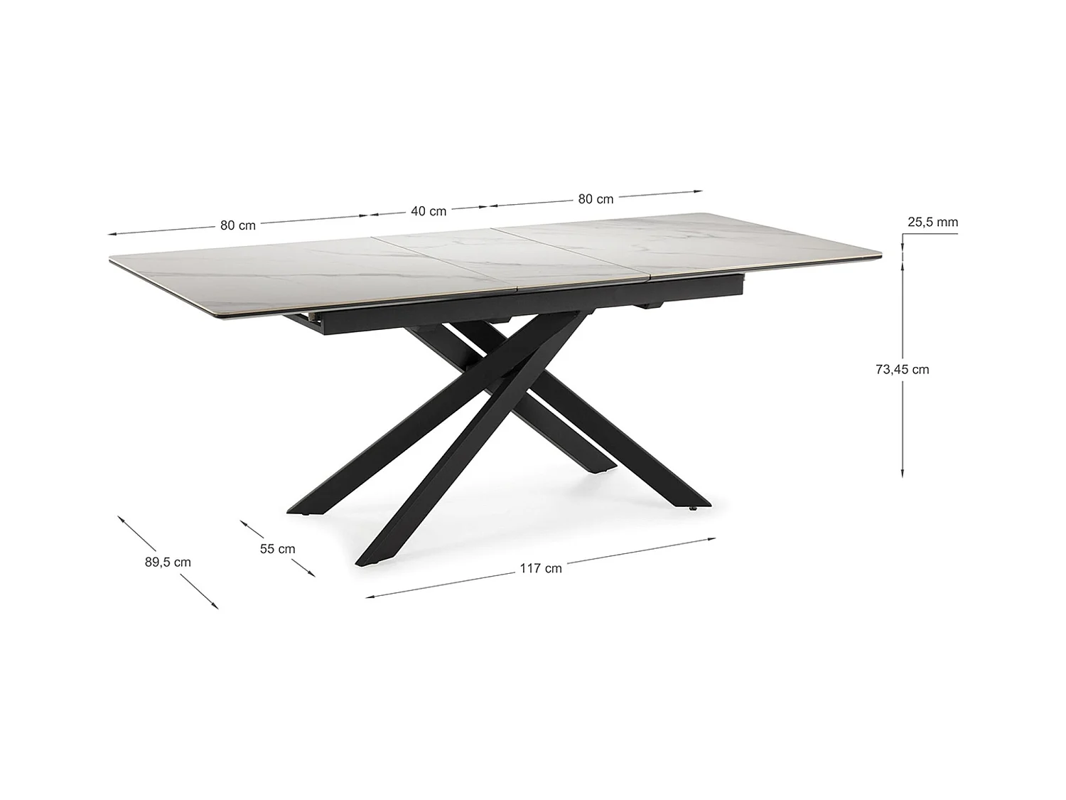 Table à manger, table de repas rectangulaire extensible en céramique coloris blanc mat, pieds coloris noir - Longueur 160-200 x Profondeur 89,50 x Hauteur 76 cm