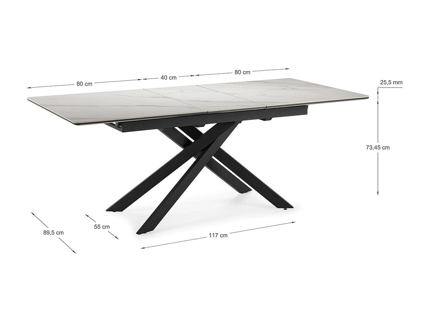 Table à manger, table de repas rectangulaire extensible en céramique coloris blanc mat, pieds coloris noir - Longueur 160-200 x Profondeur 89,50 x Hauteur 76 cm
