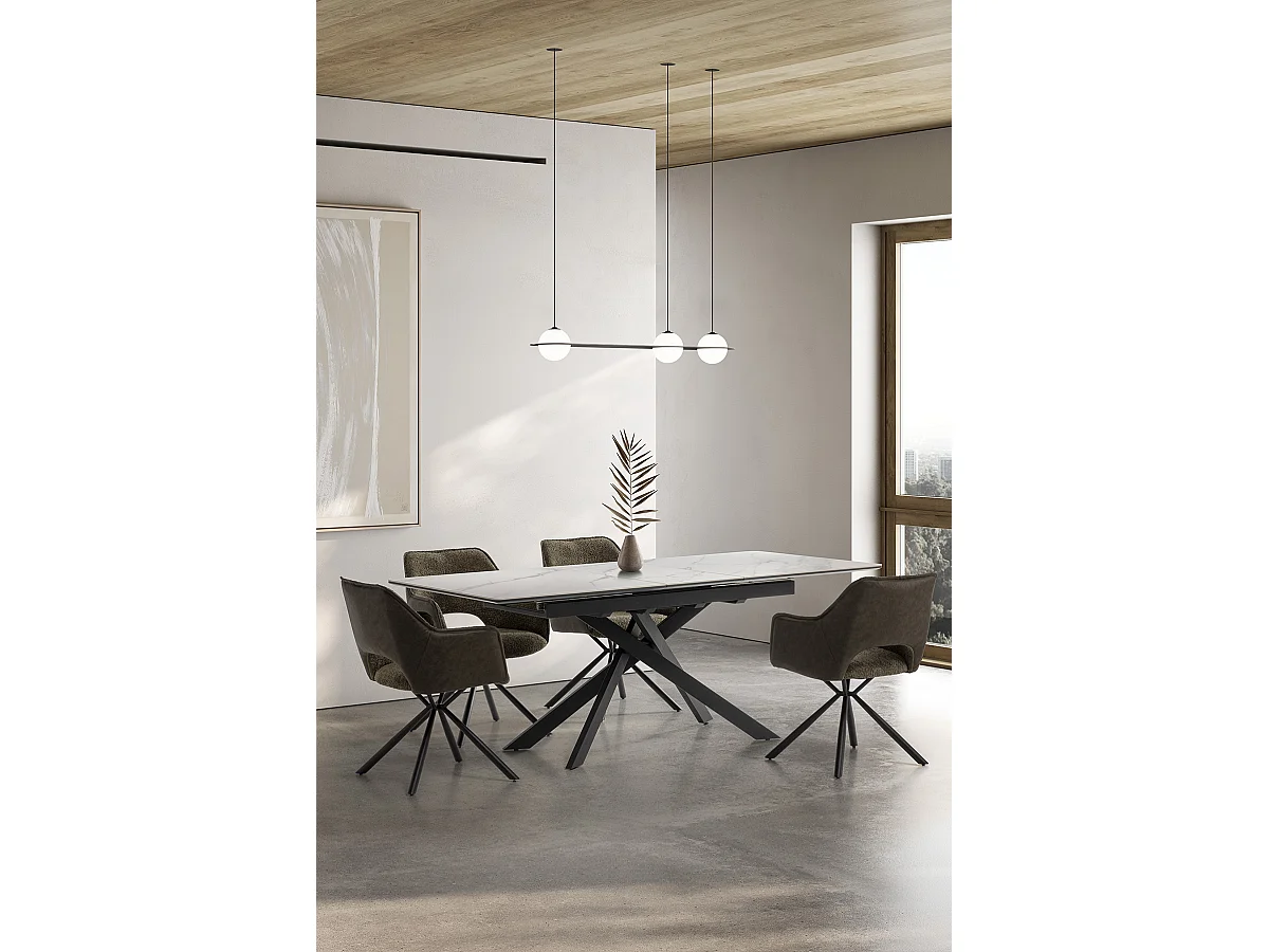 Table à manger, table de repas rectangulaire extensible en céramique coloris blanc mat, pieds coloris noir - Longueur 160-200 x Profondeur 89,50 x Hauteur 76 cm