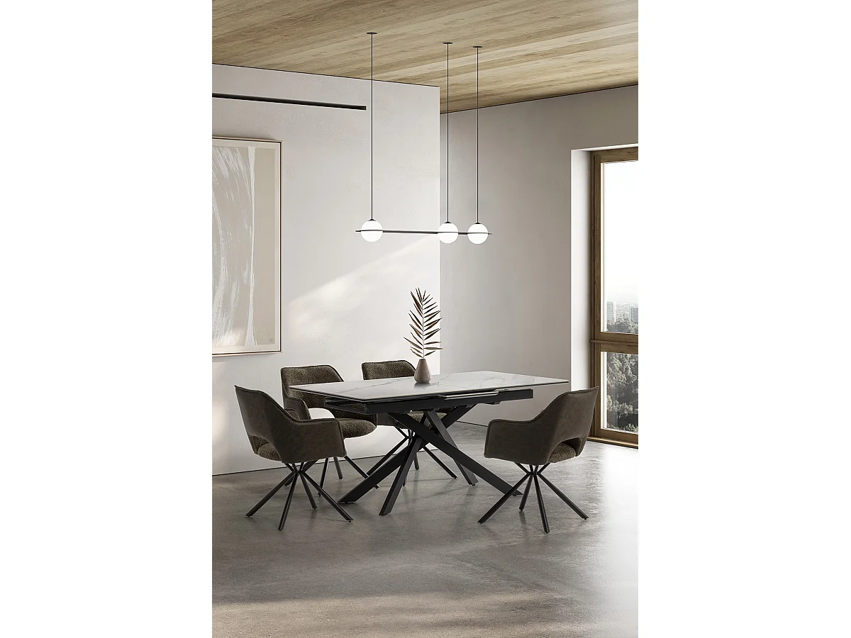 Table à manger, table de repas rectangulaire extensible en céramique coloris blanc mat, pieds coloris noir - Longueur 160-200 x Profondeur 89,50 x Hauteur 76 cm