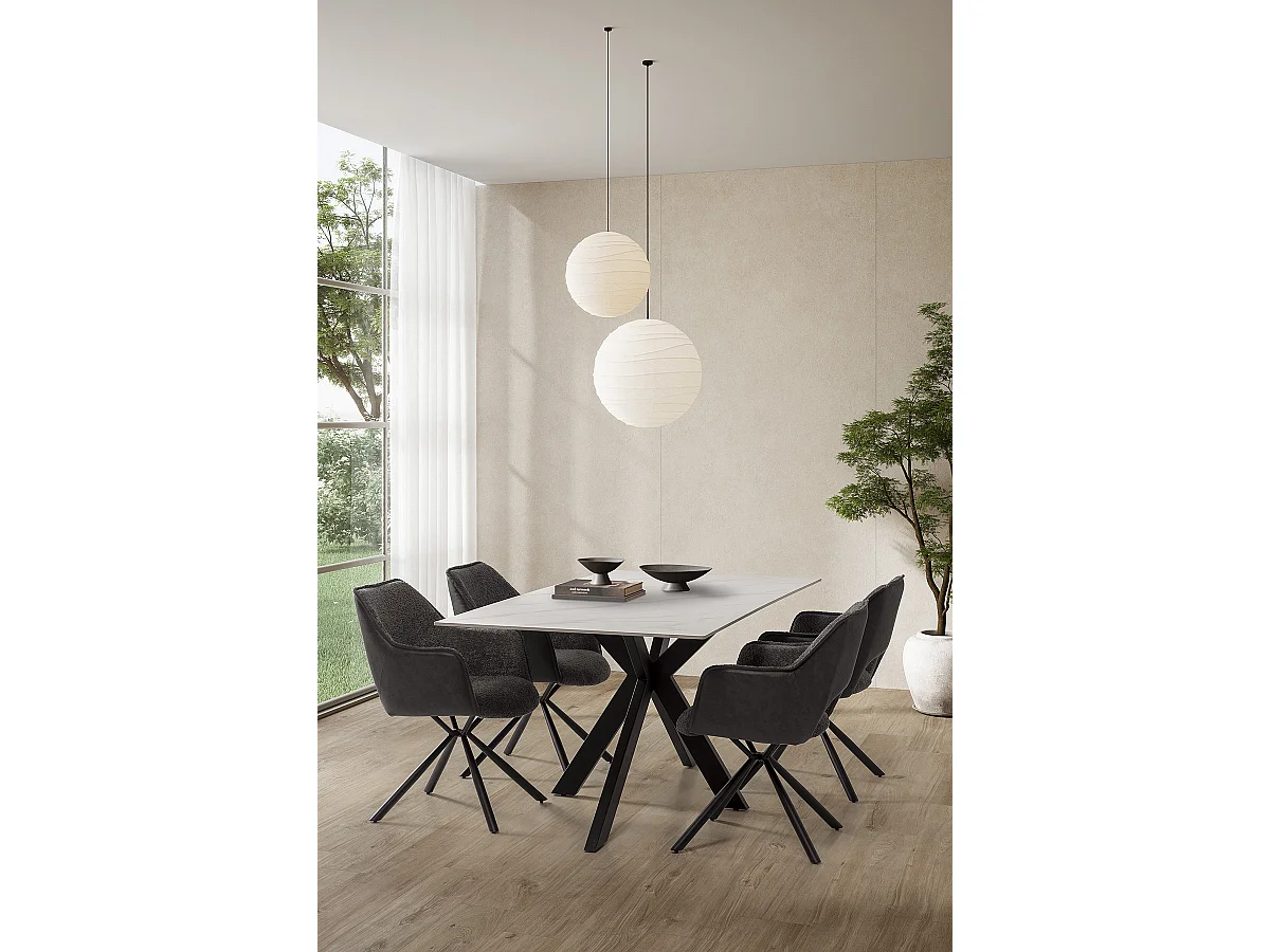 Table à manger, table de repas rectangulaire en céramique coloris blanc, pieds en métal noir - Longueur 180 x Profondeur 90 x Hauteur 76 cm