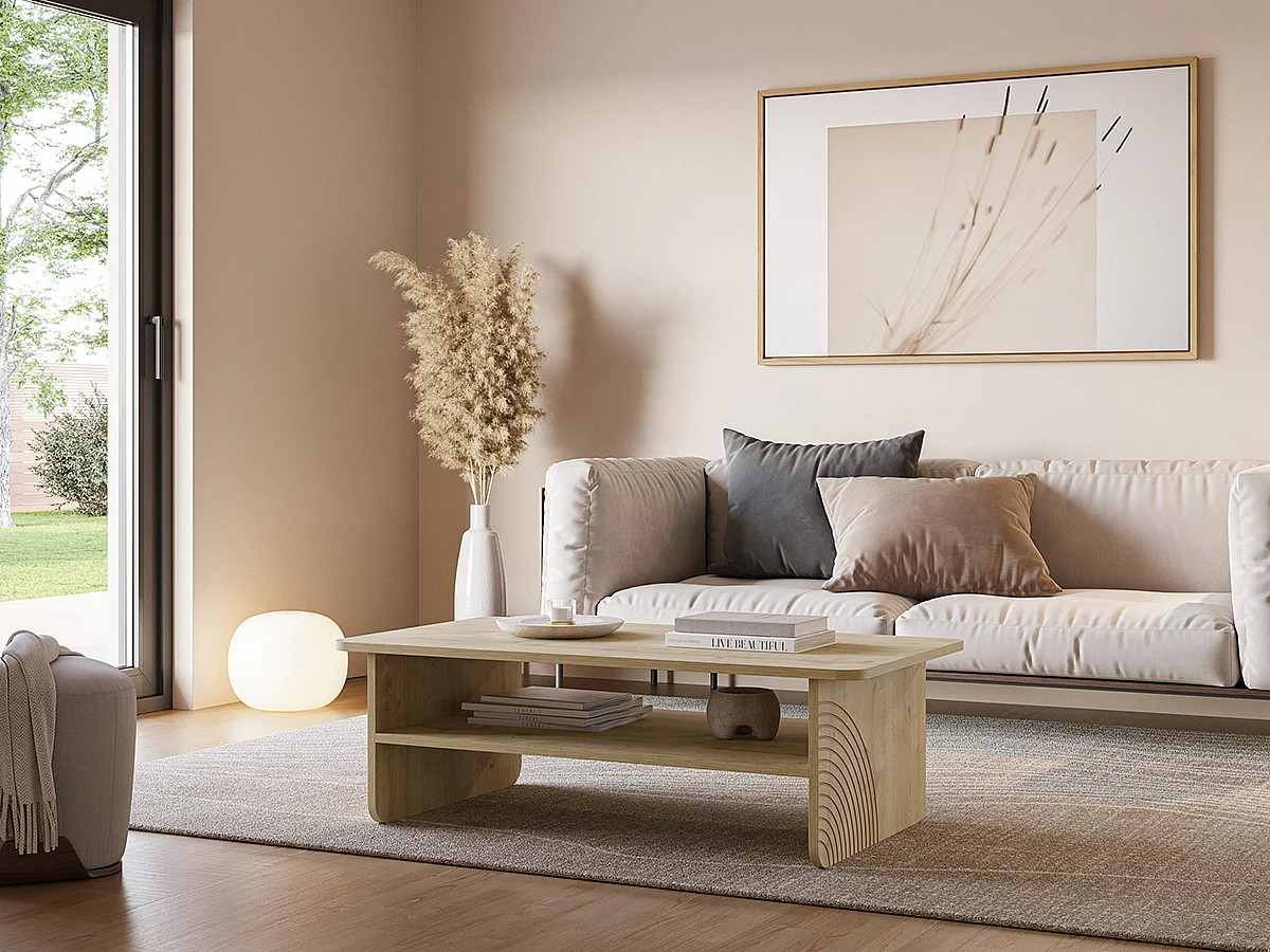 Table basse, table de salon rectangulaire aspect bois coloris chêne - Longueur 110 x Profondeur 60 x Hauteur 35 cm