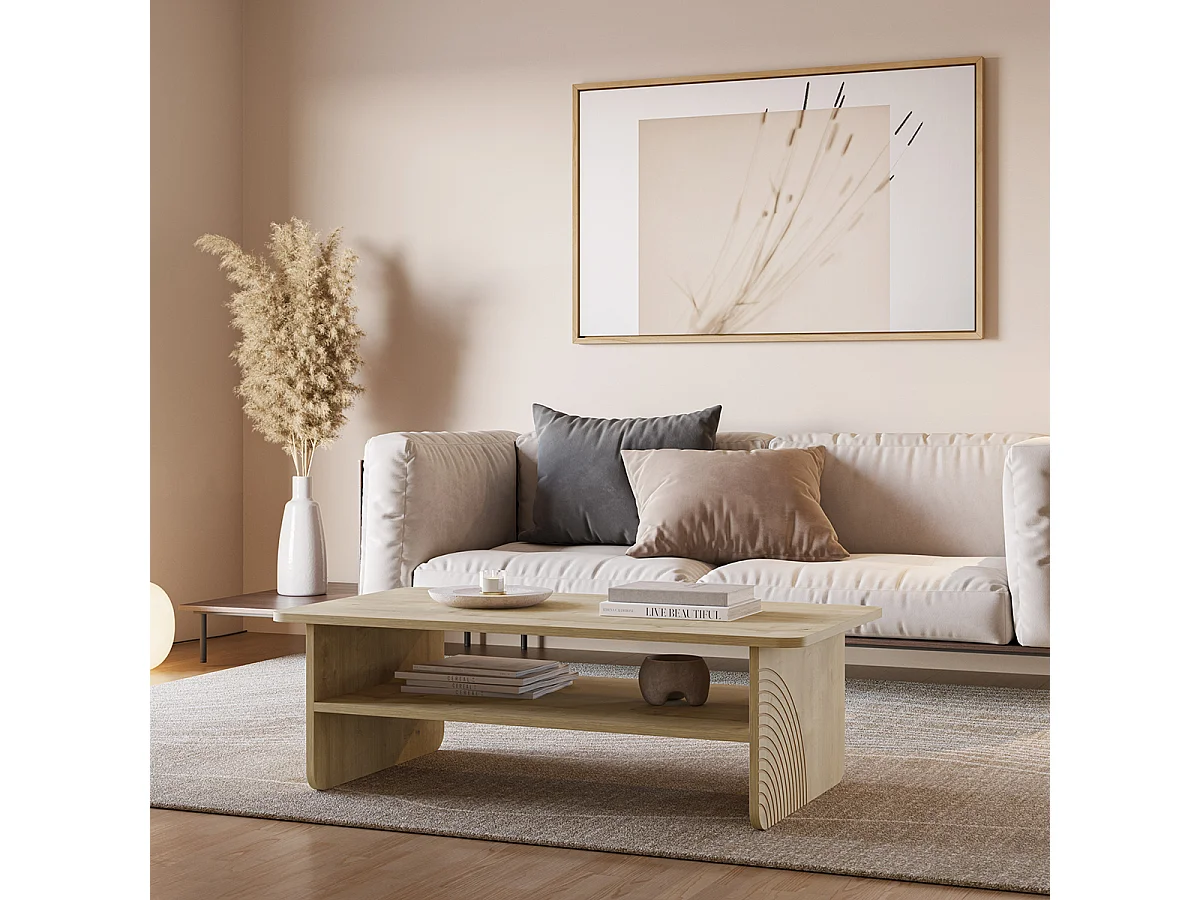 Table basse, table de salon rectangulaire aspect bois coloris chêne - Longueur 110 x Profondeur 60 x Hauteur 35 cm
