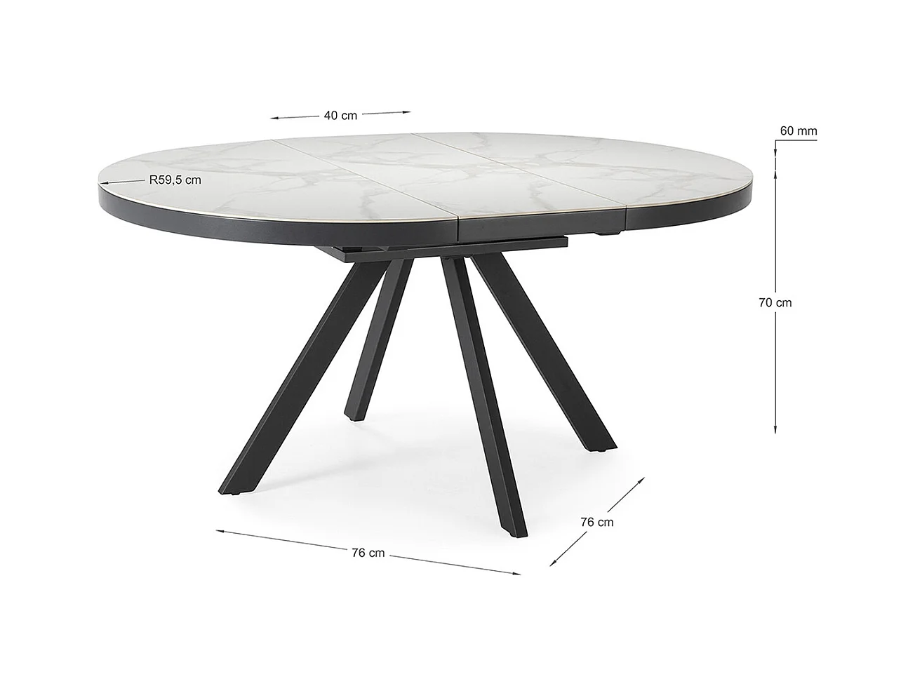 Table à manger, table de repas ronde extensible en céramique coloris blanc, pieds coloris noir - Longueur 120-160 Largeur 120 x Hauteur 76 cm