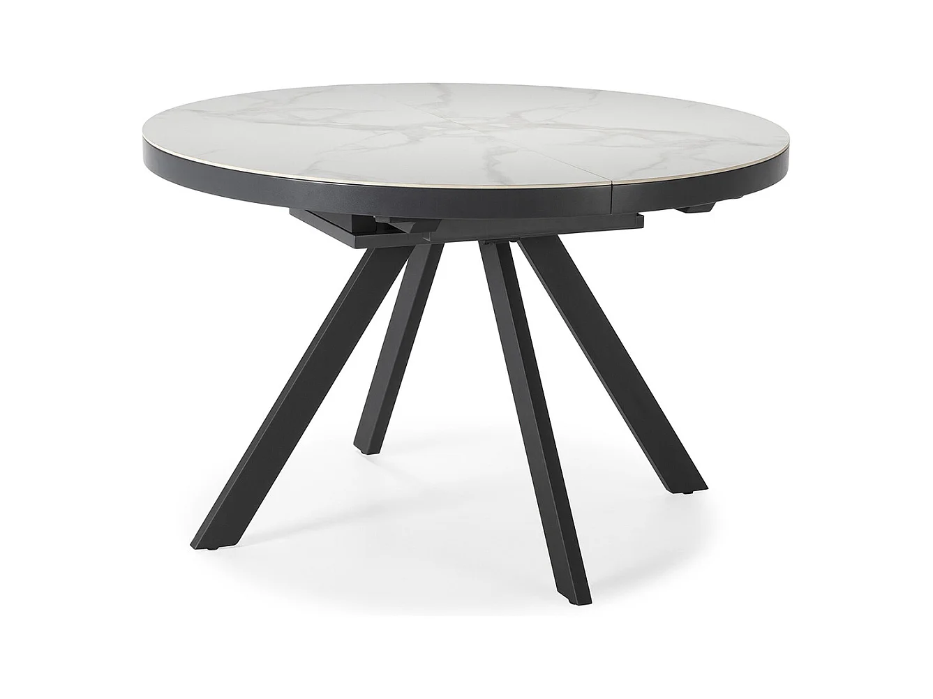 Table à manger, table de repas ronde extensible en céramique coloris blanc, pieds coloris noir - Longueur 120-160 Largeur 120 x Hauteur 76 cm