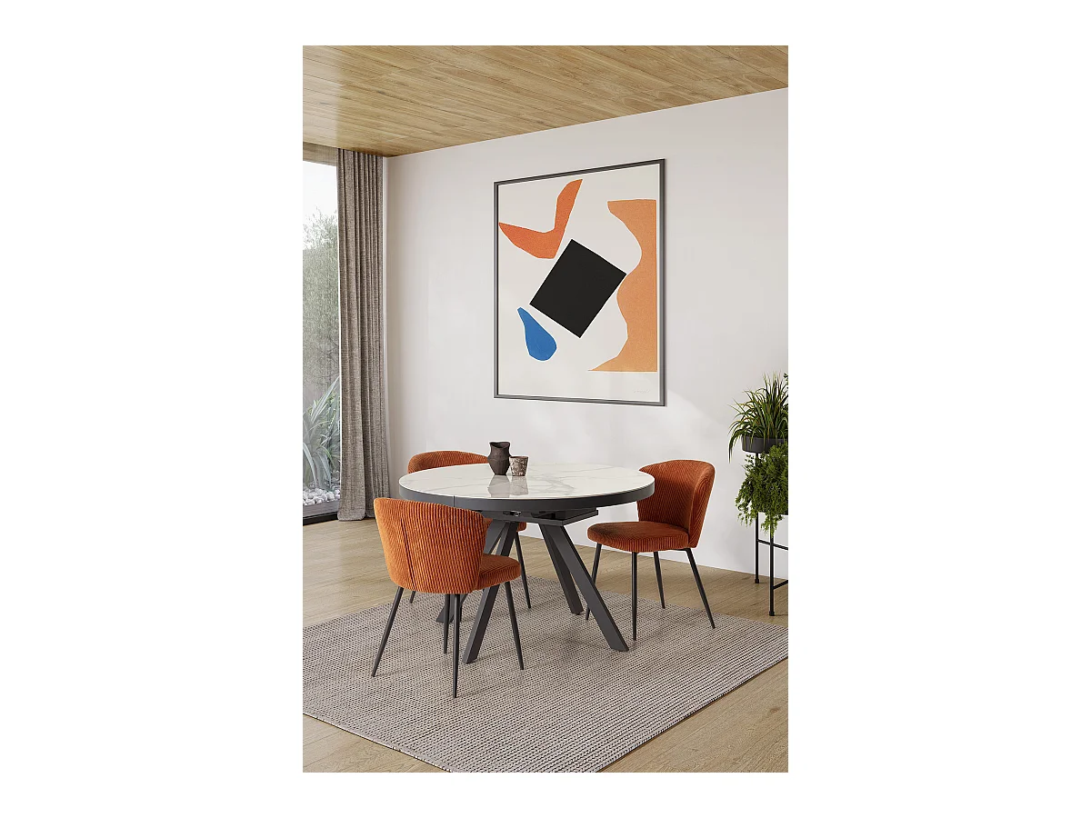 Table à manger, table de repas ronde extensible en céramique coloris blanc, pieds coloris noir - Longueur 120-160 Largeur 120 x Hauteur 76 cm