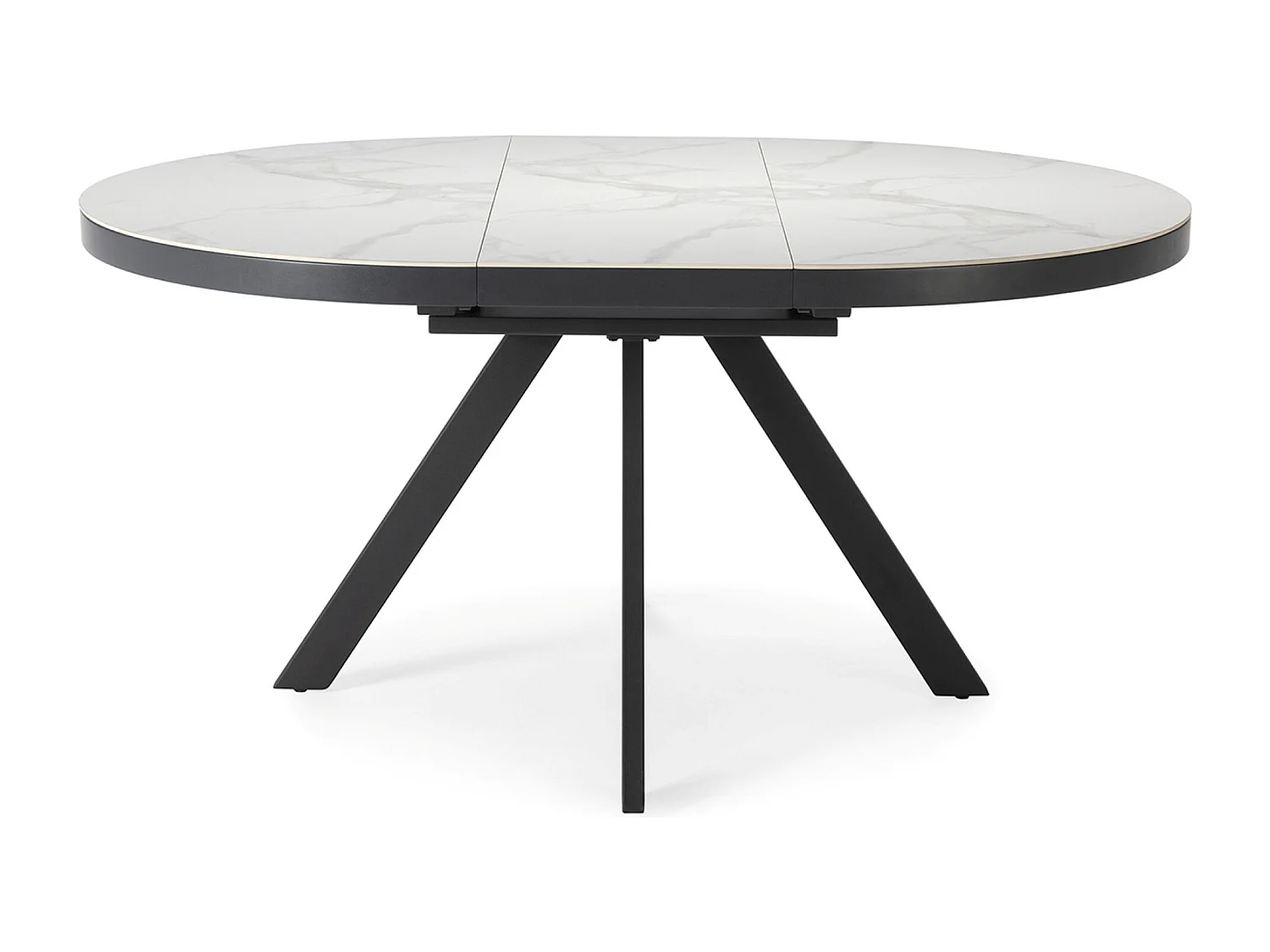 Table à manger, table de repas ronde extensible en céramique coloris blanc, pieds coloris noir - Longueur 120-160 Largeur 120 x Hauteur 76 cm