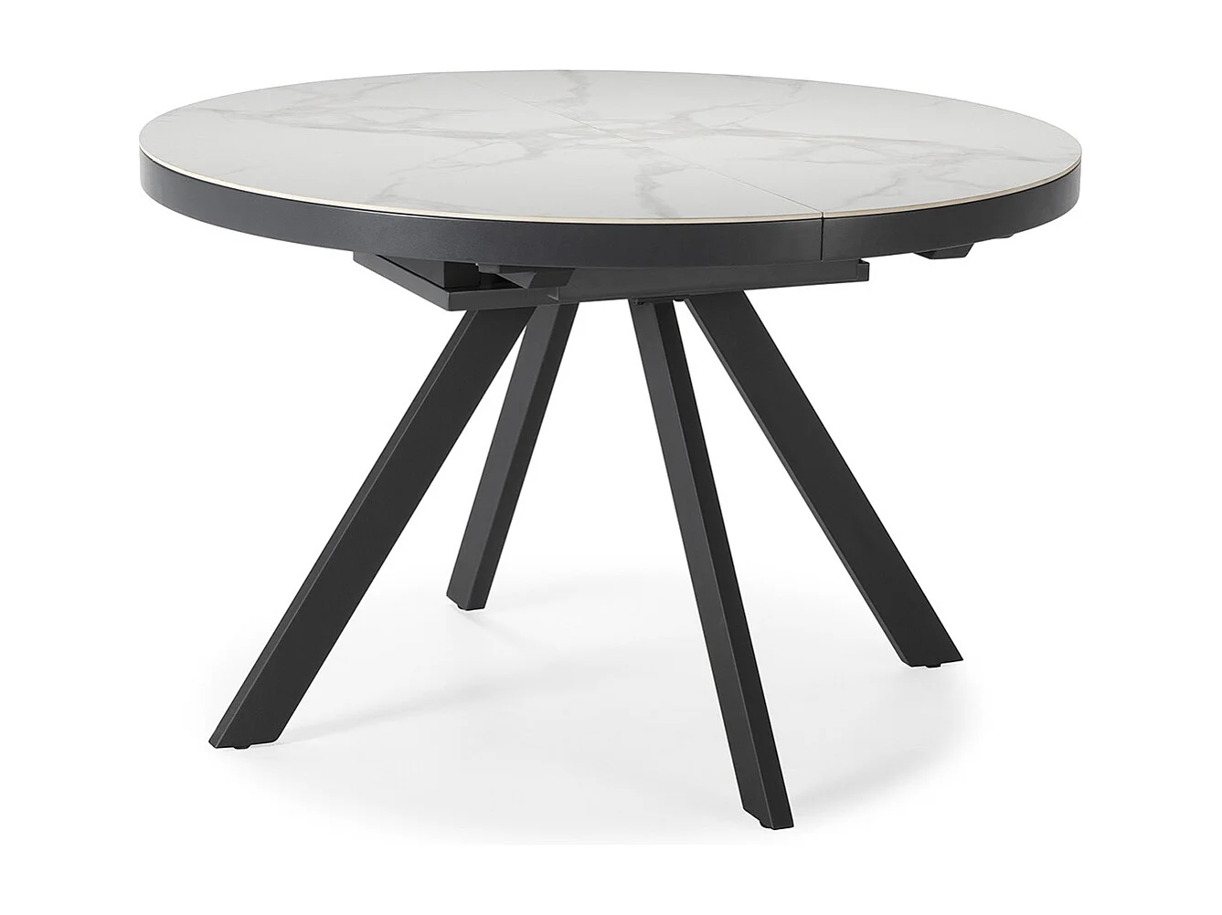 Table à manger, table de repas ronde extensible en céramique coloris blanc, pieds coloris noir - Longueur 120-160 Largeur 120 x Hauteur 76 cm