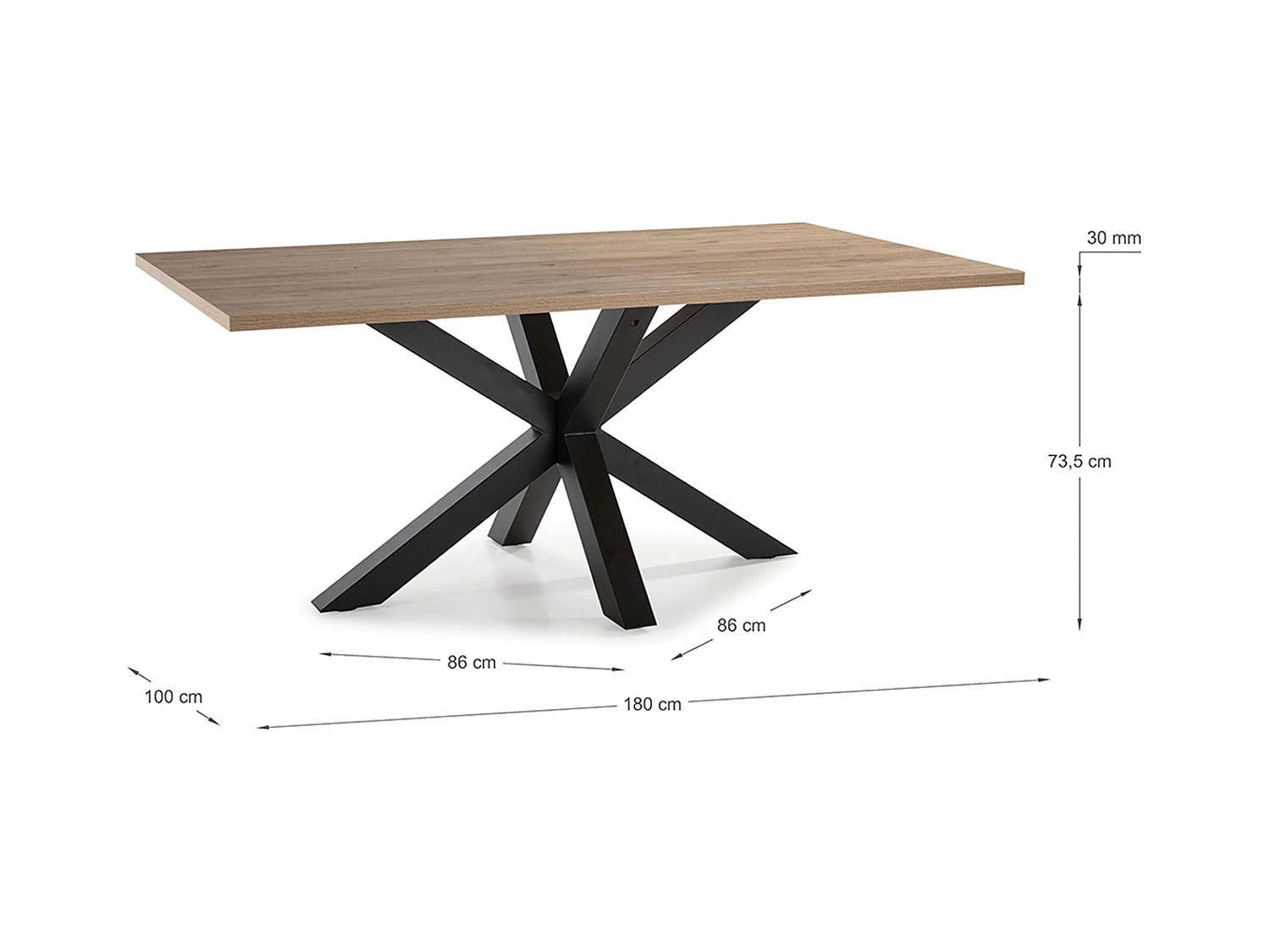 Table à manger, table de repas rectangulaire aspect bois coloris naturel avec pieds en métal noir  - Longueur 180 x Profondeur 100  x Hauteur 76 cm