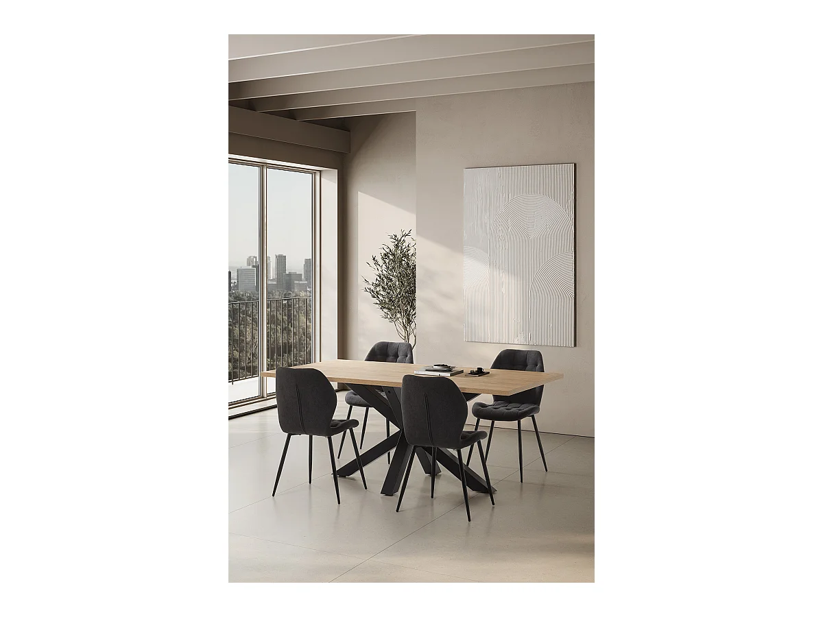Table à manger, table de repas rectangulaire aspect bois coloris naturel avec pieds en métal noir  - Longueur 180 x Profondeur 100  x Hauteur 76 cm