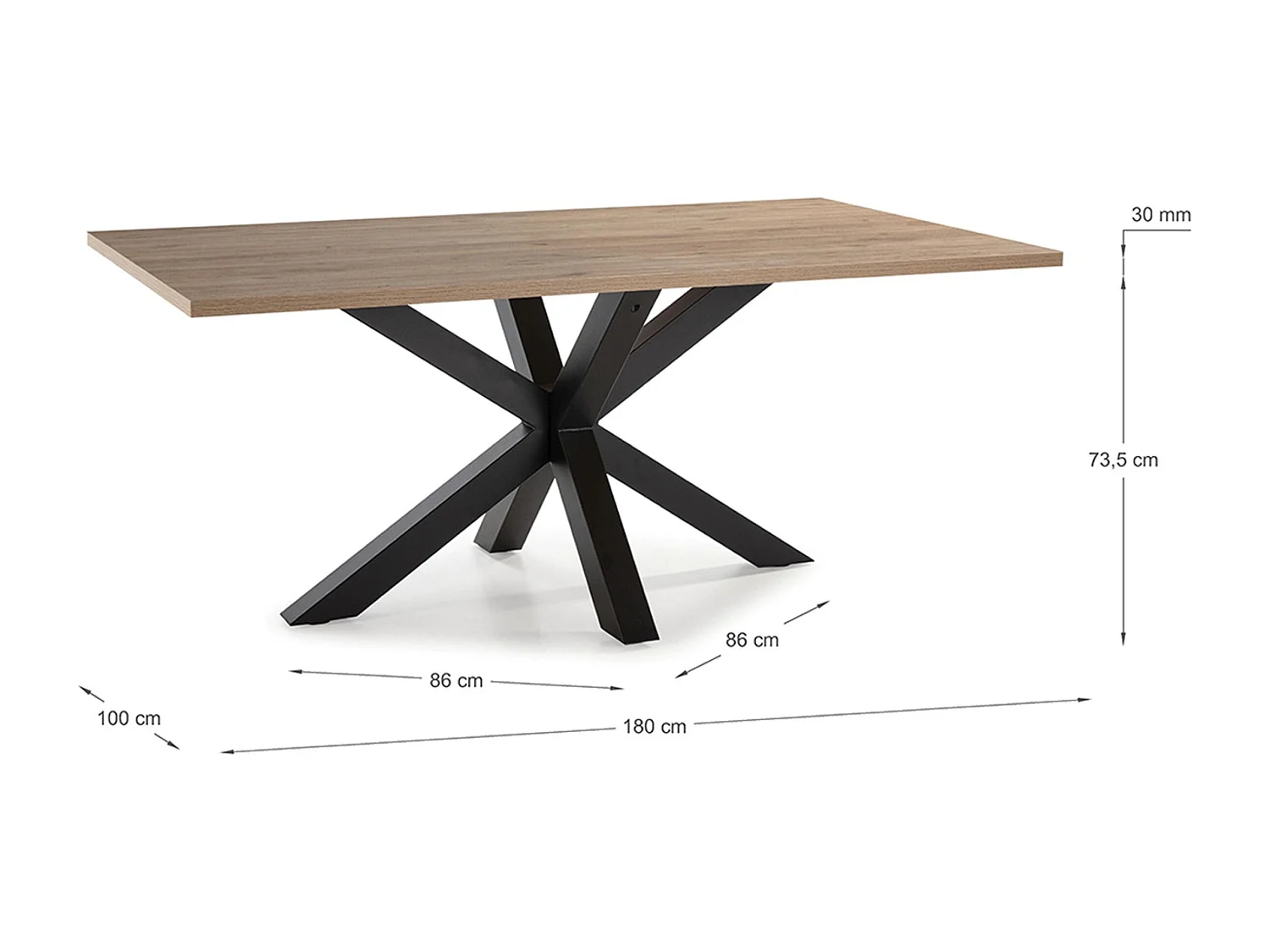 Table à manger, table de repas rectangulaire aspect bois coloris naturel avec pieds en métal noir  - Longueur 180 x Profondeur 100  x Hauteur 76 cm