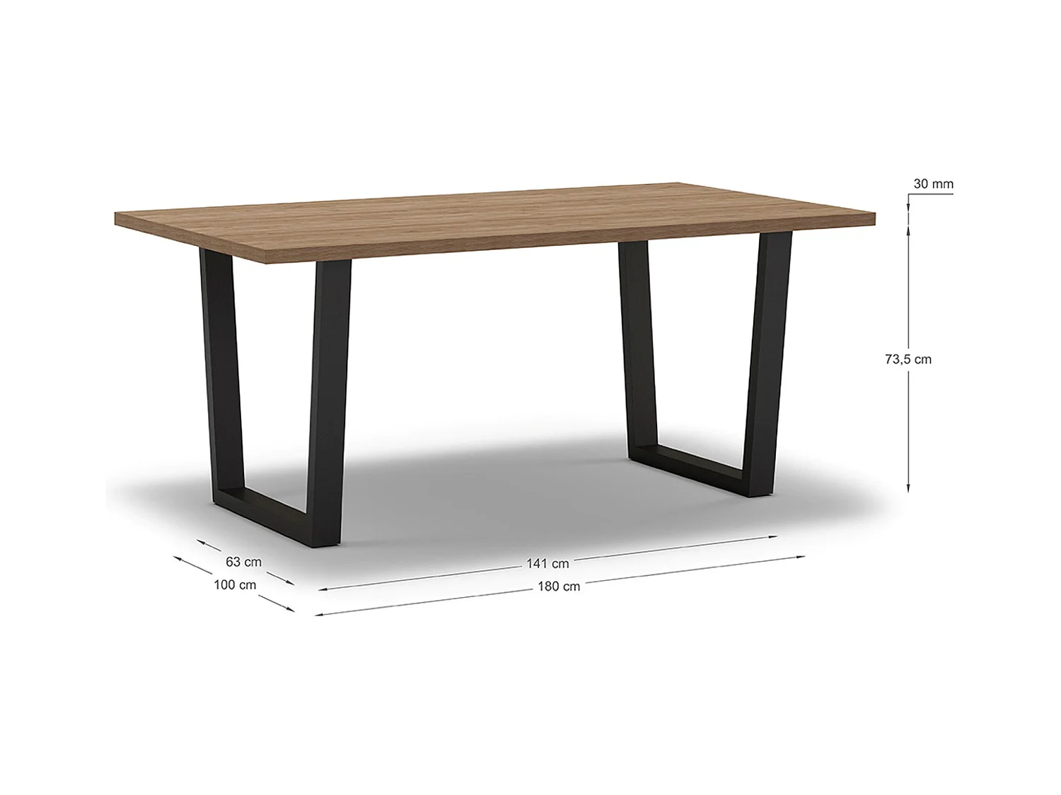Table à manger, table de repas rectangulaire aspect bois coloris naturel, pieds en métal noir - Longueur 180 x Profondeur 100 x Hauteur 75 cm