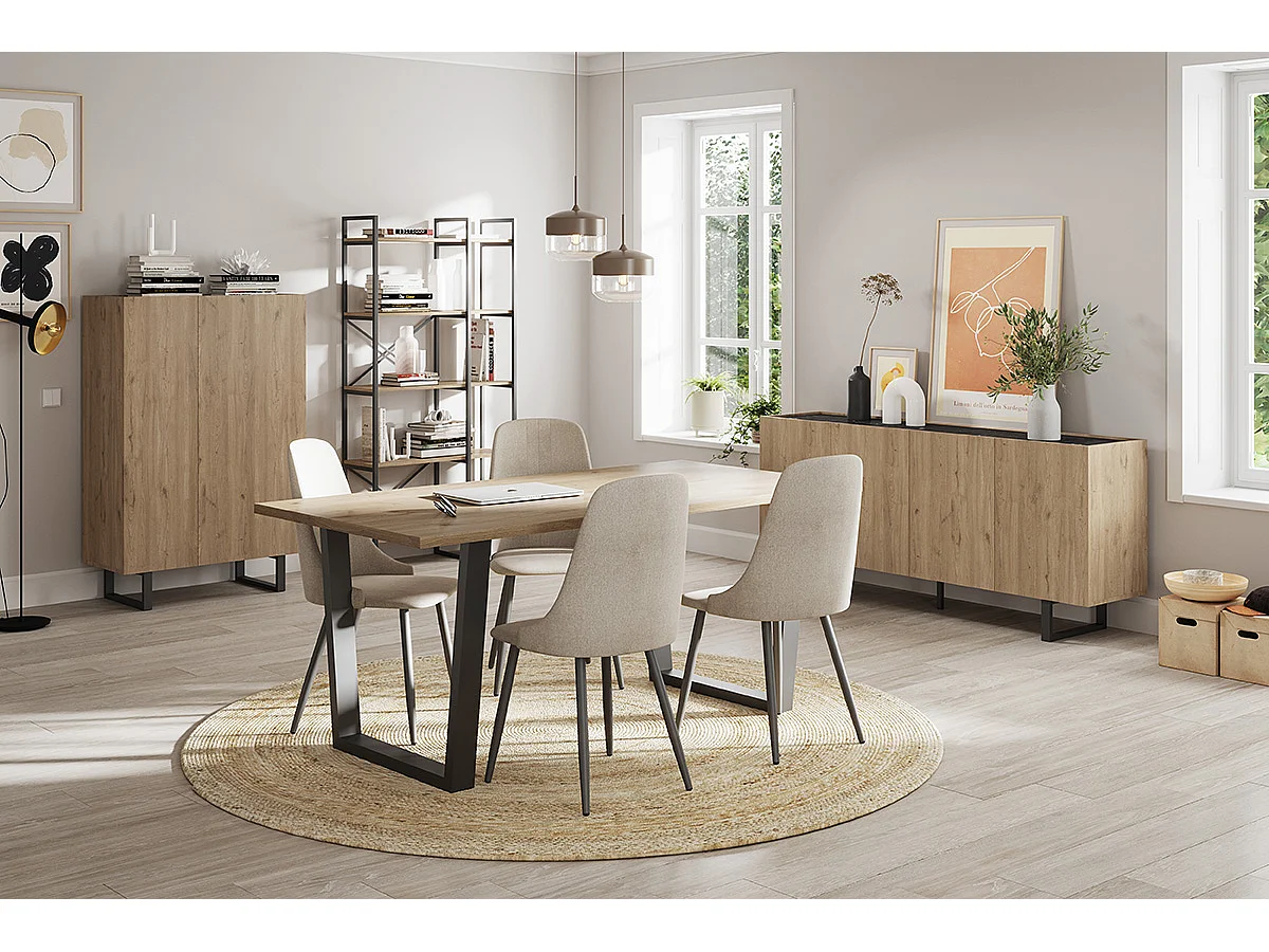 Table à manger, table de repas rectangulaire aspect bois coloris naturel, pieds en métal noir - Longueur 180 x Profondeur 100 x Hauteur 75 cm