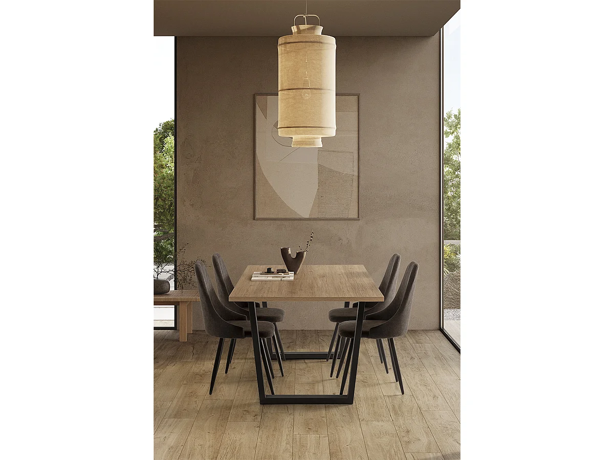 Table à manger, table de repas rectangulaire aspect bois coloris naturel, pieds en métal noir - Longueur 180 x Profondeur 100 x Hauteur 75 cm