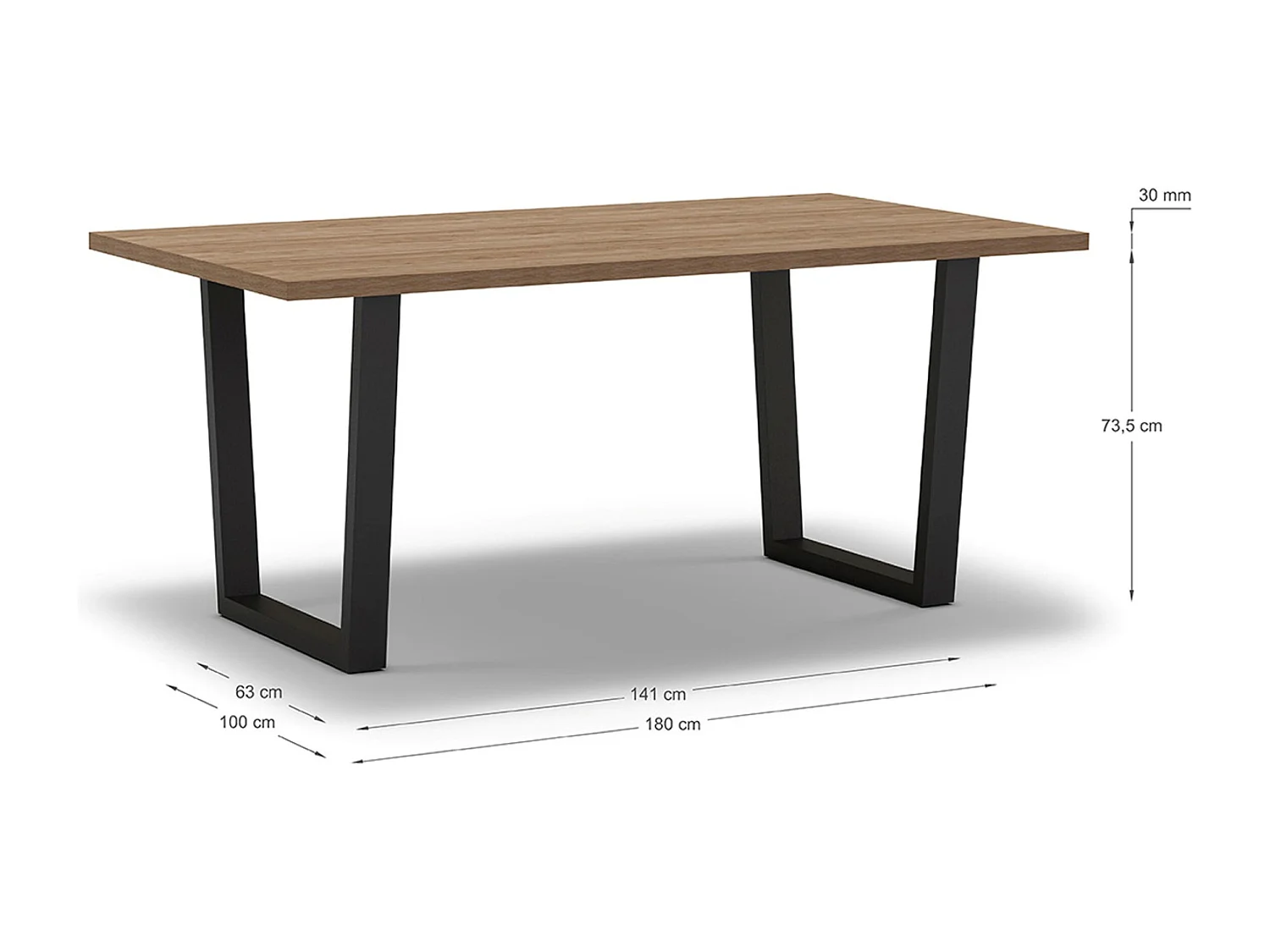 Table à manger, table de repas rectangulaire aspect bois coloris naturel, pieds en métal noir - Longueur 180 x Profondeur 100 x Hauteur 75 cm