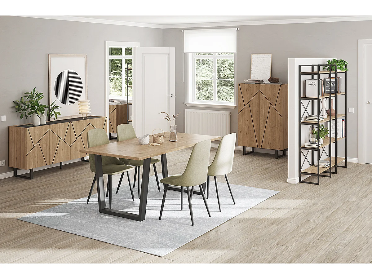 Table à manger, table de repas rectangulaire aspect bois coloris naturel, pieds en métal noir - Longueur 180 x Profondeur 100 x Hauteur 75 cm